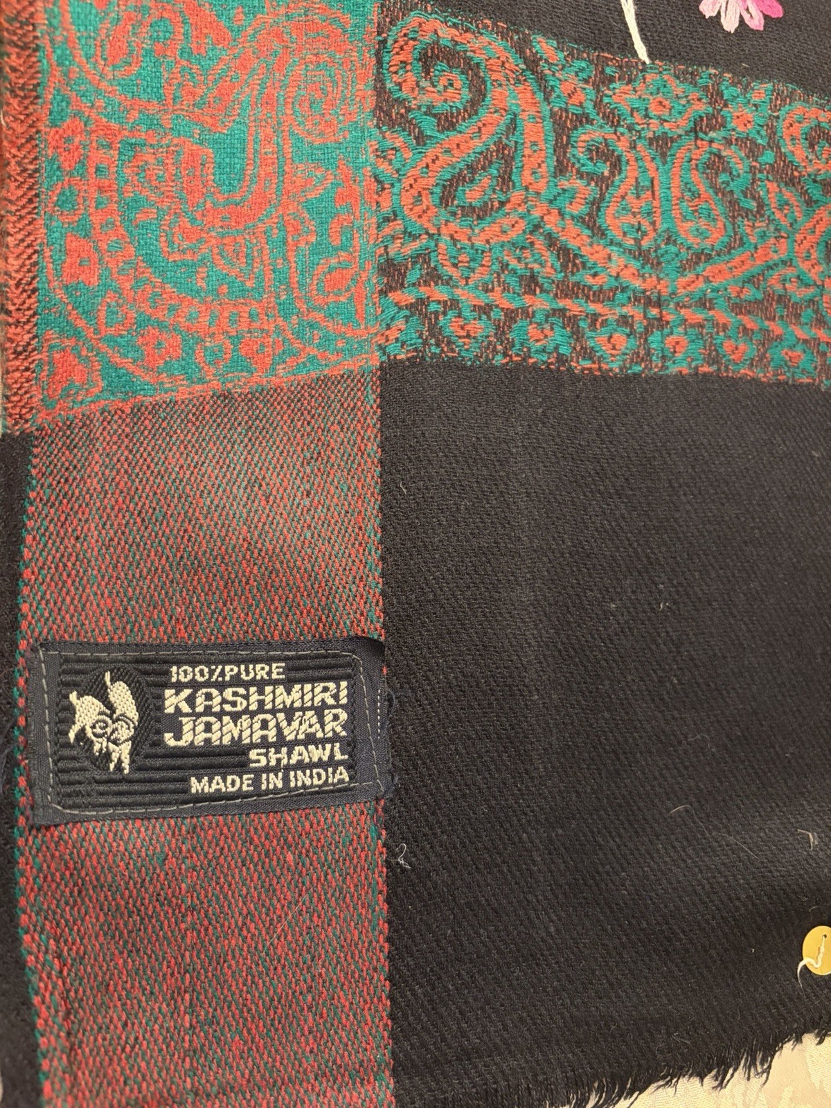 Vintage Kashmiri Jamawar Shawl 100% Pure Wool Black Floral Embroidered Wrap