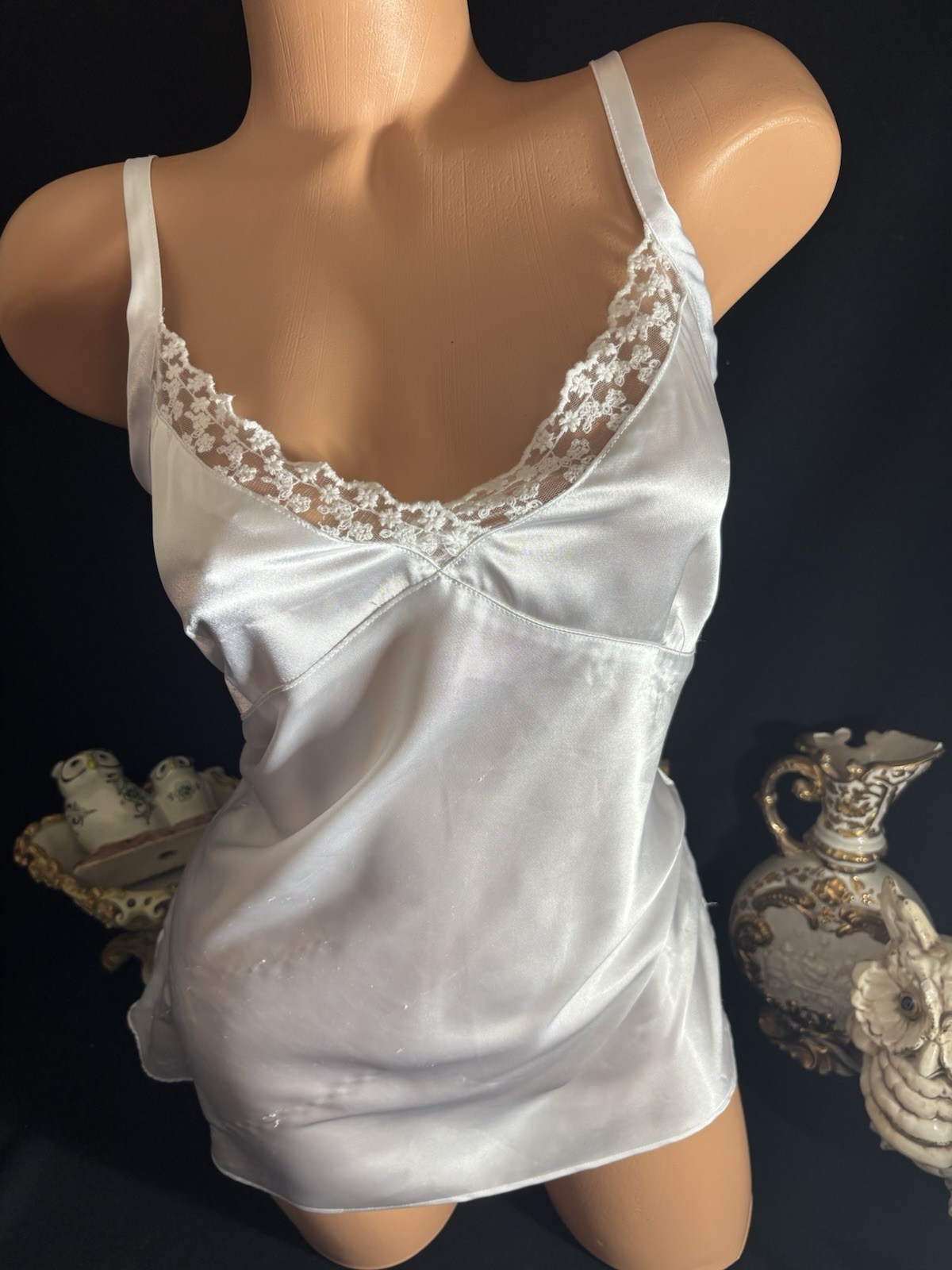 VTG Satin Soft WEDDING WHITE Cami TOP BLOUSE NIGHTEI FRILLY CD camisole