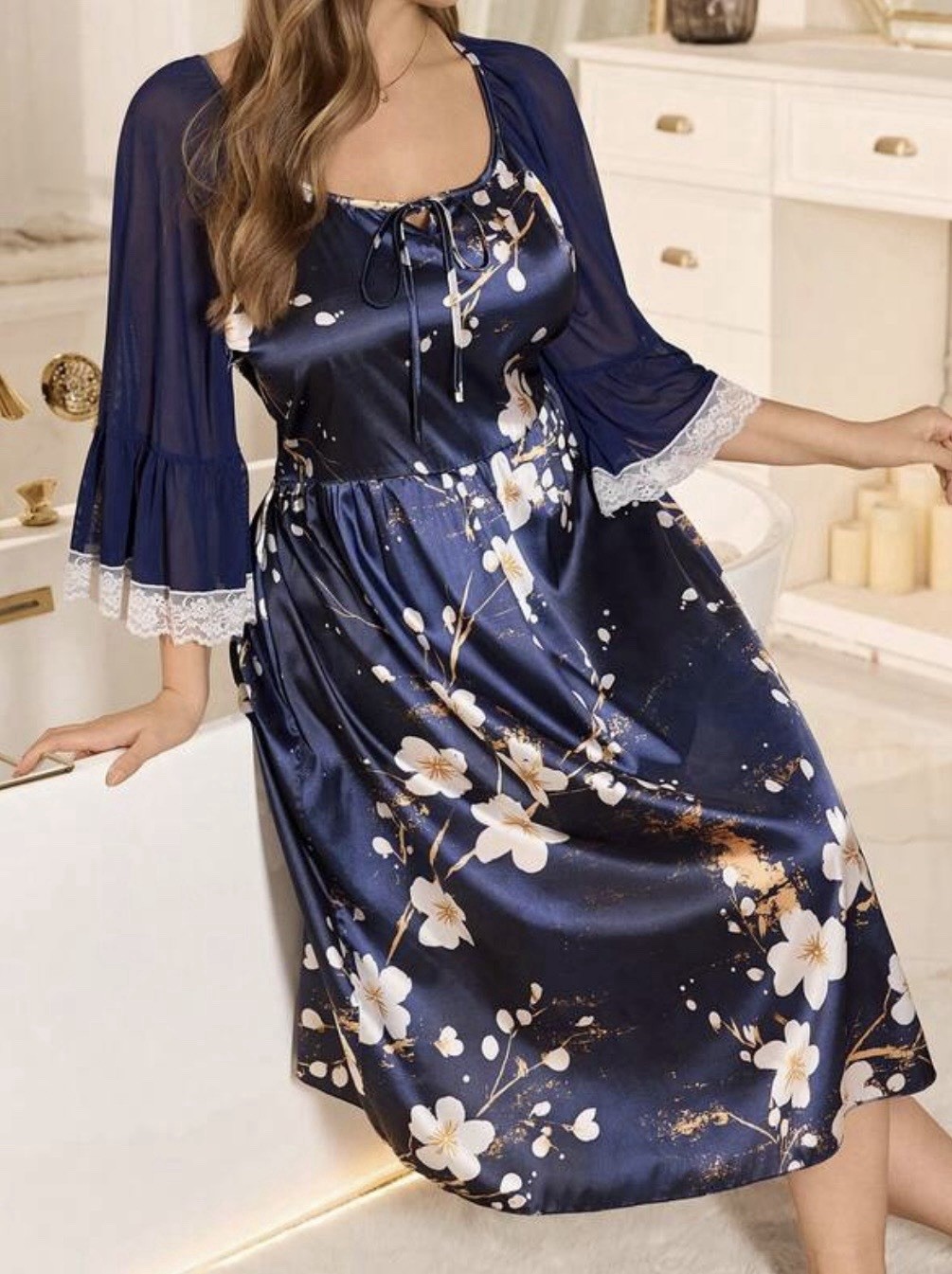 NEW 3X Navy Blue Floral Satin Nightgown Lace Trim Flounce Mesh Sleeves Long Gown