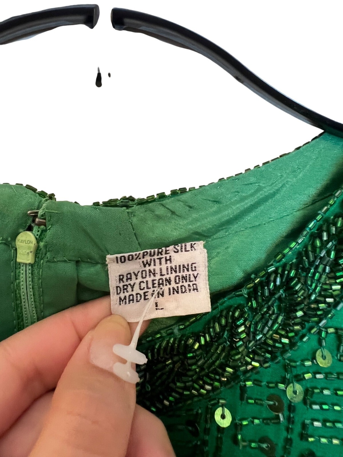 Vintage Lawrence Kazar Green Beaded Silk Dress With Rayon Lining Short Sleeves &