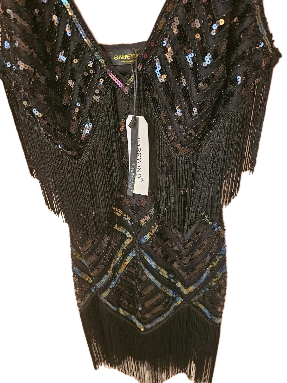 Babeyond 1920’s Style Black Sequined Fringed Flapper Cocktail Dress Sz M