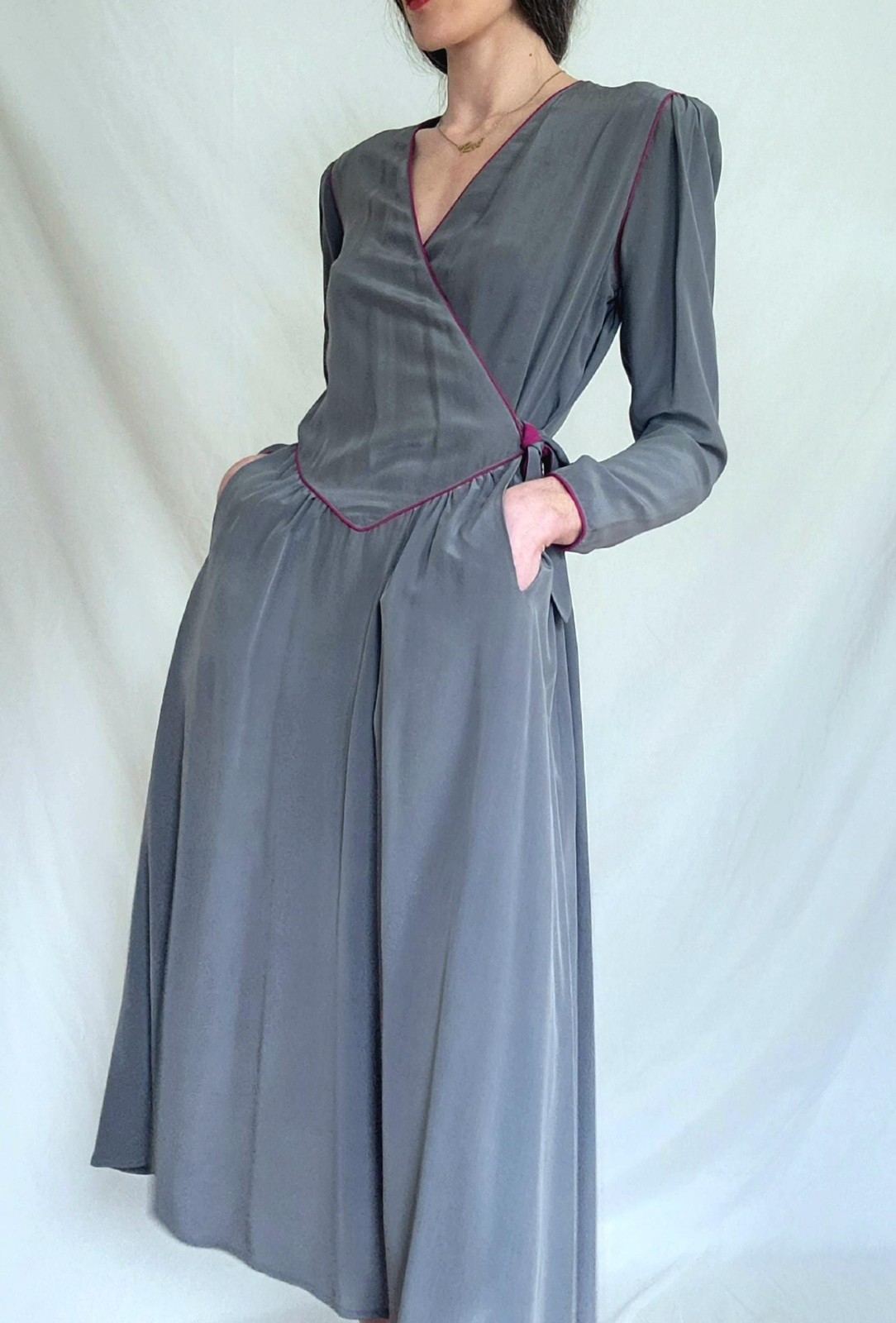 1970s 100% Silk Midi Wrap Dress: Vintage A-line Secretary Dress, 6