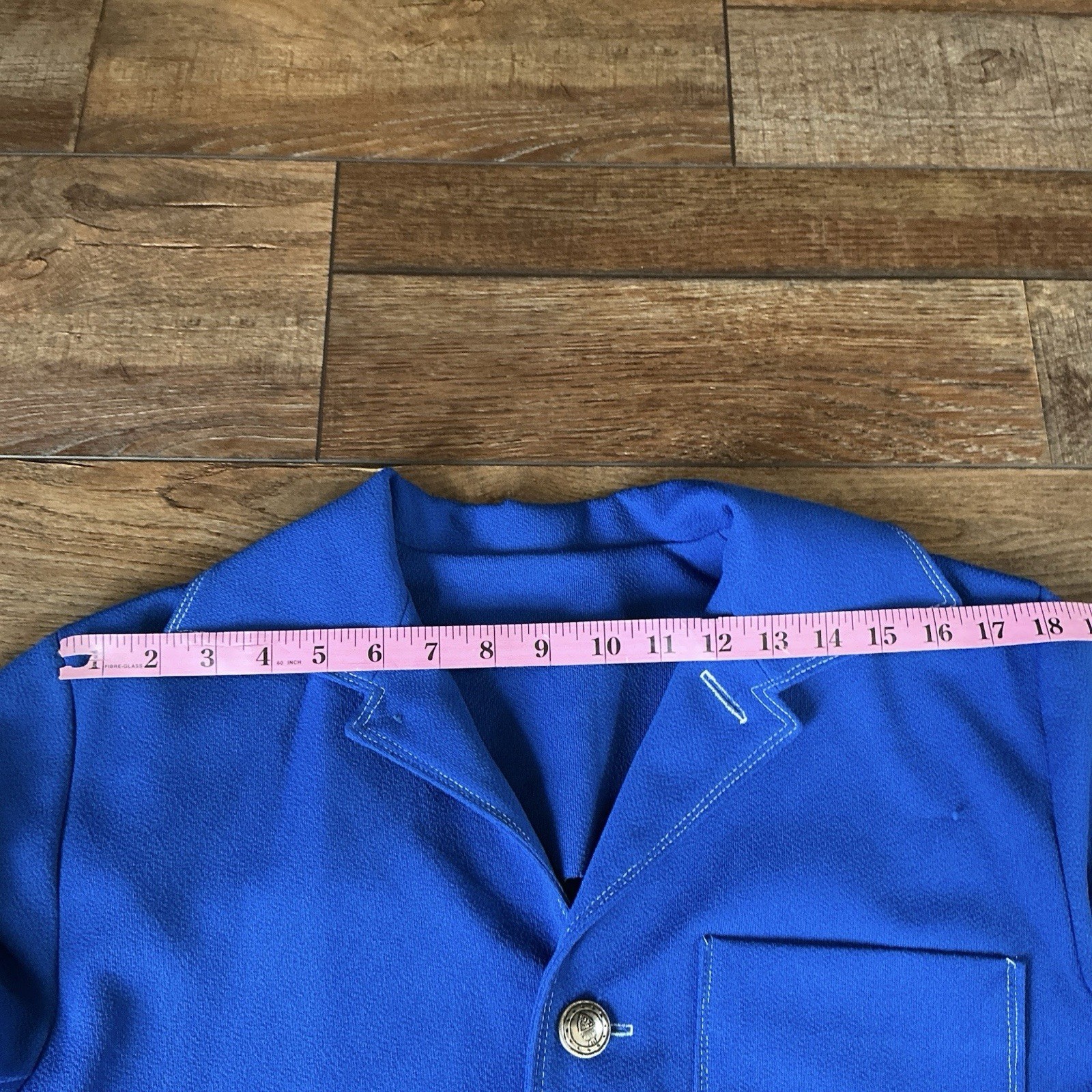 70s VTG Royal Blue Jacket White Blouse 2PC Set Sz L Coin Buttons Topstitch #20D8