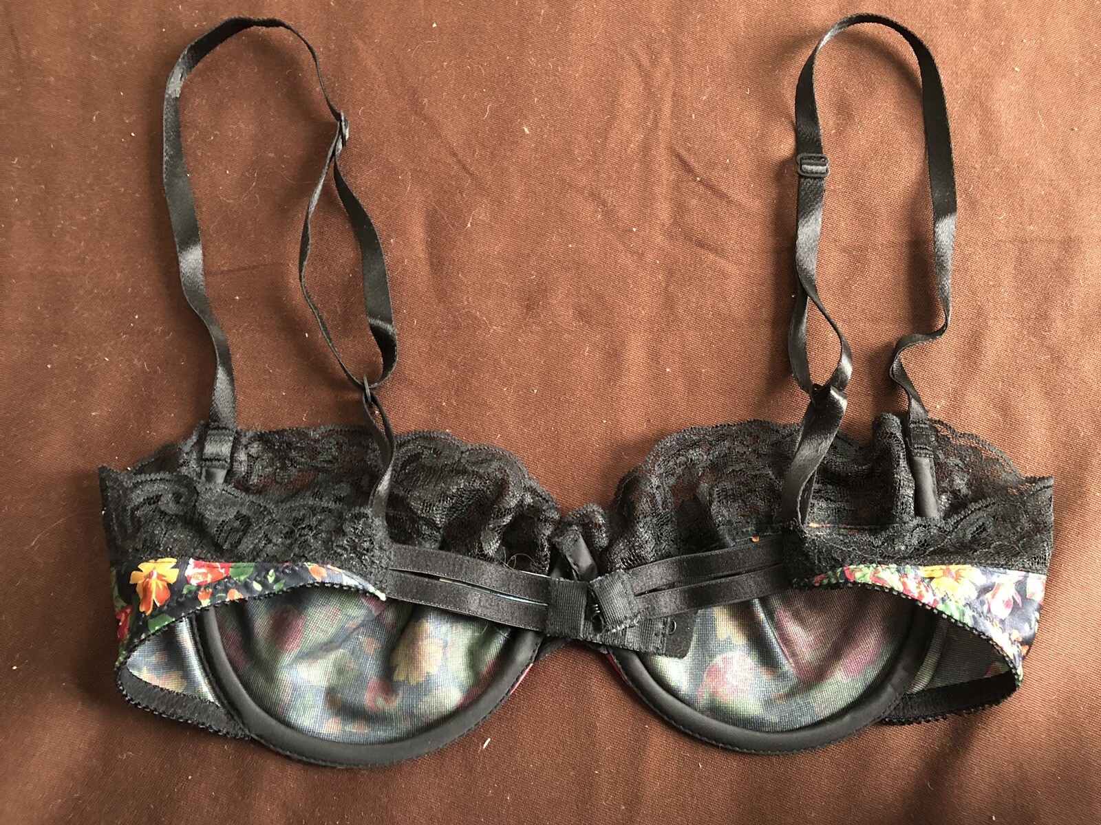 LILY OF FRANCE by DOLORES 34C Black Floral BALCONETTE UW Bra #1315X VTG NWOT