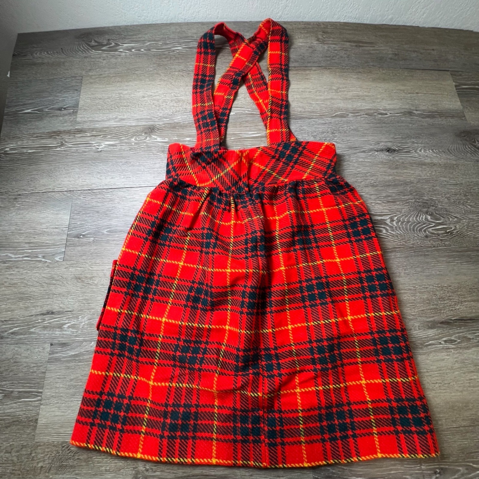 Carol Brent Pinafore Dress Womens XS Red Plaid Vintage Jumper Tartan Gold Button