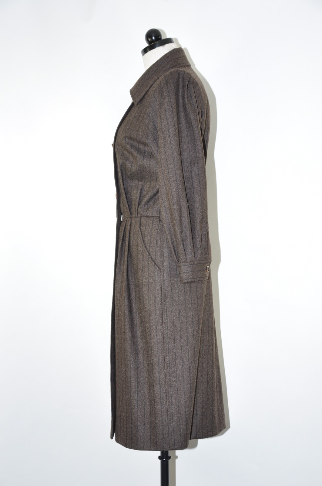 80s Vintage Saint Laurent Rive Gauche Brown Stripe Wool Tweed Coat Dress Women M