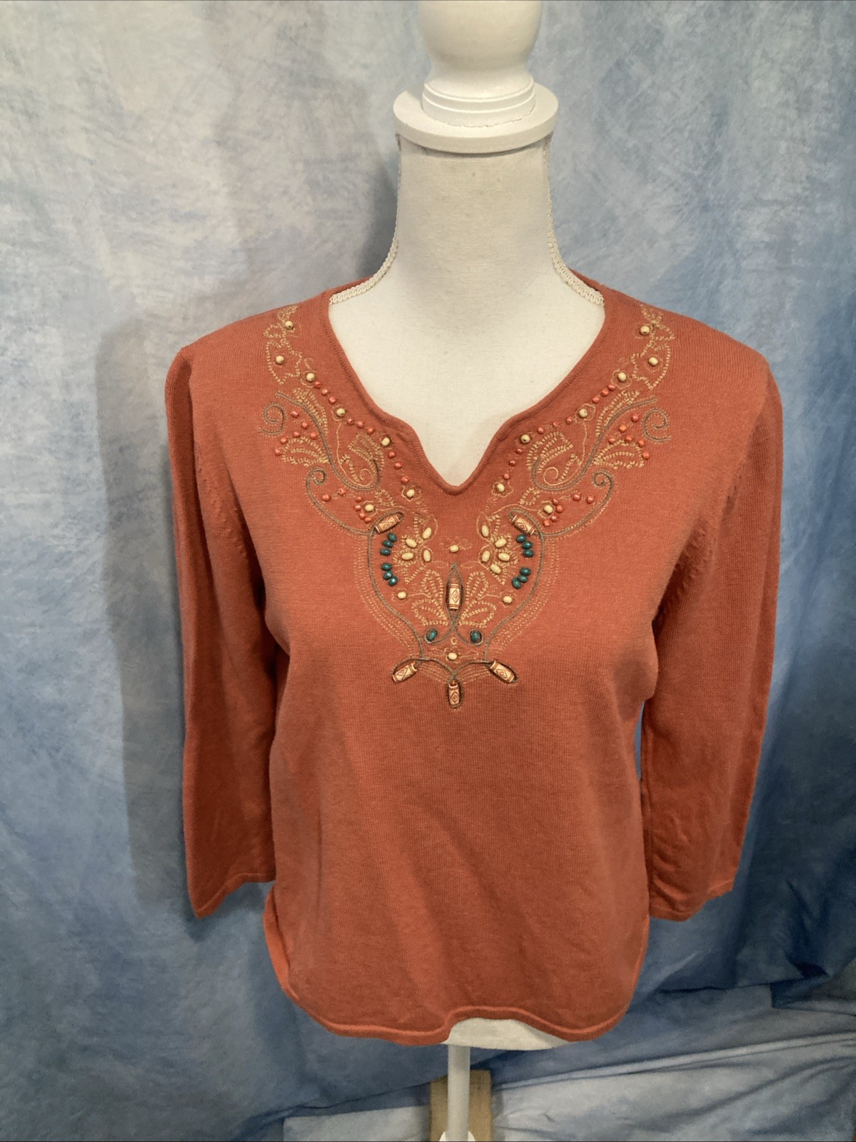 Vintage 90s Carducci Beaded Bib Sweater Top Size L Rust Orange Boho Grandmacore