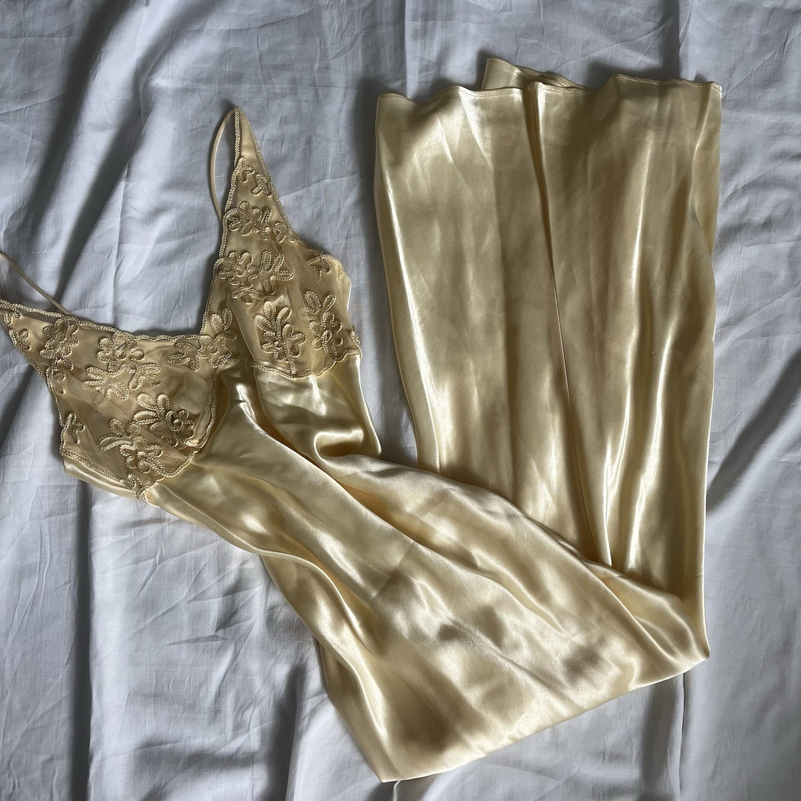 Vintage Roberta Yellow Satin Slip Dress Sheer Embroidered Lace Size 3/4