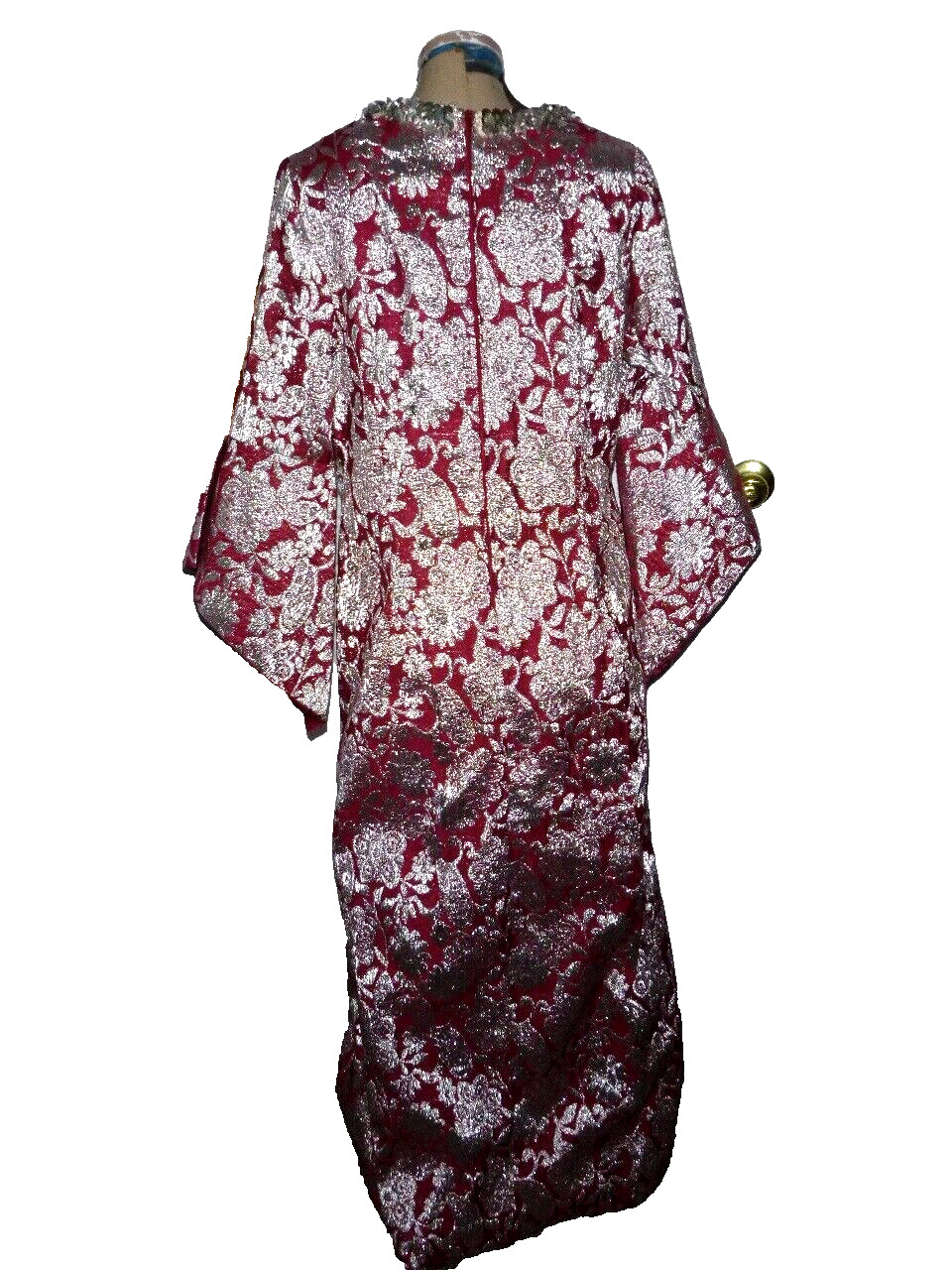 Vintage 60’s Silver Metallic/Burgundy Jacquard Diva Maxi Dress L