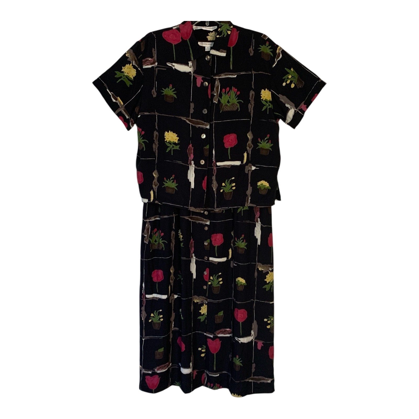 VTG 2-Piece Dress & Jacket Set MEDIUM Black Floral Midi 70s 80s Ilyse Hart LTD