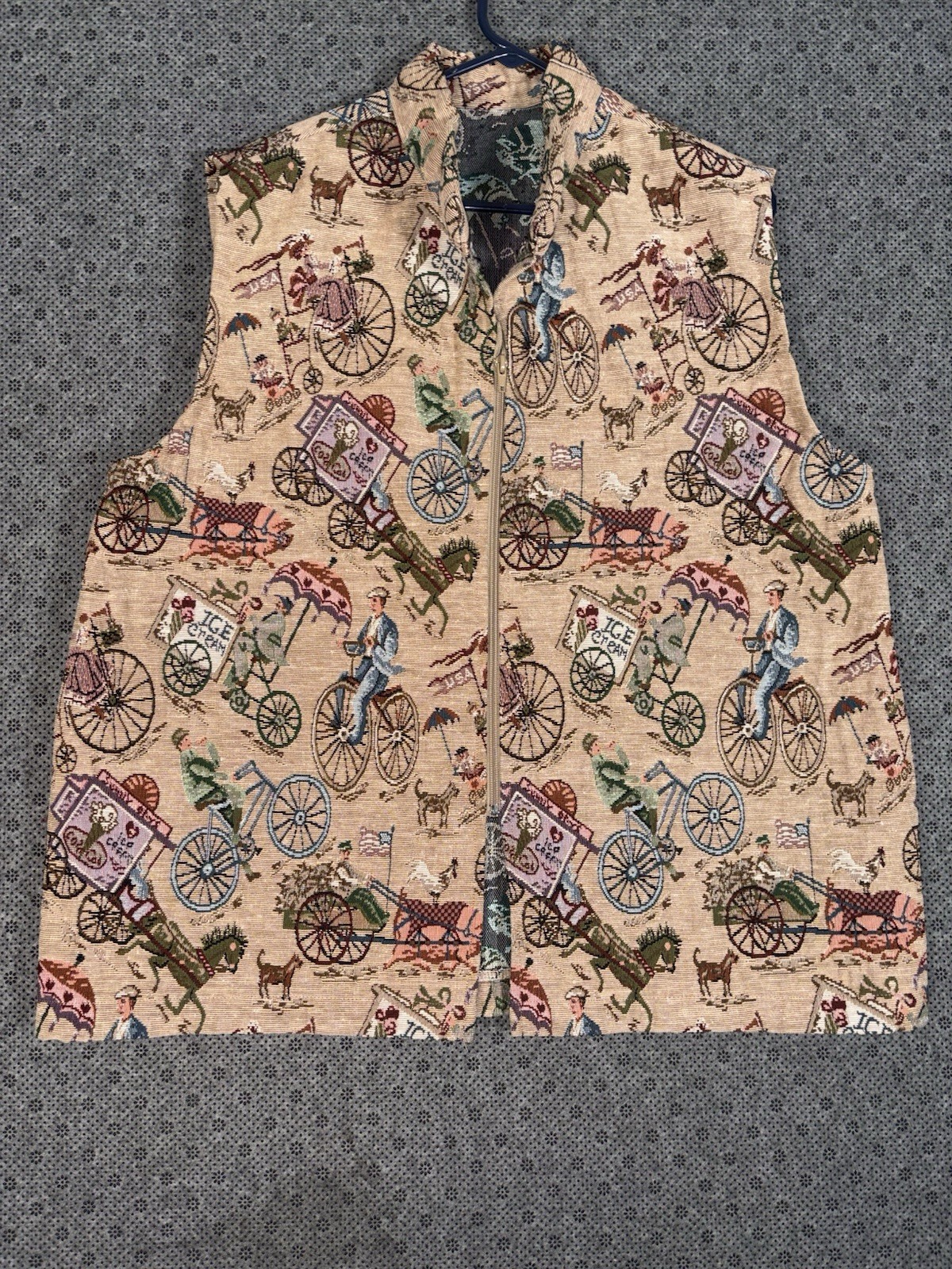 VTG Tapestry Full Zip Vest Victorian Novelty Italian Bicycle Ice Cream Size XL