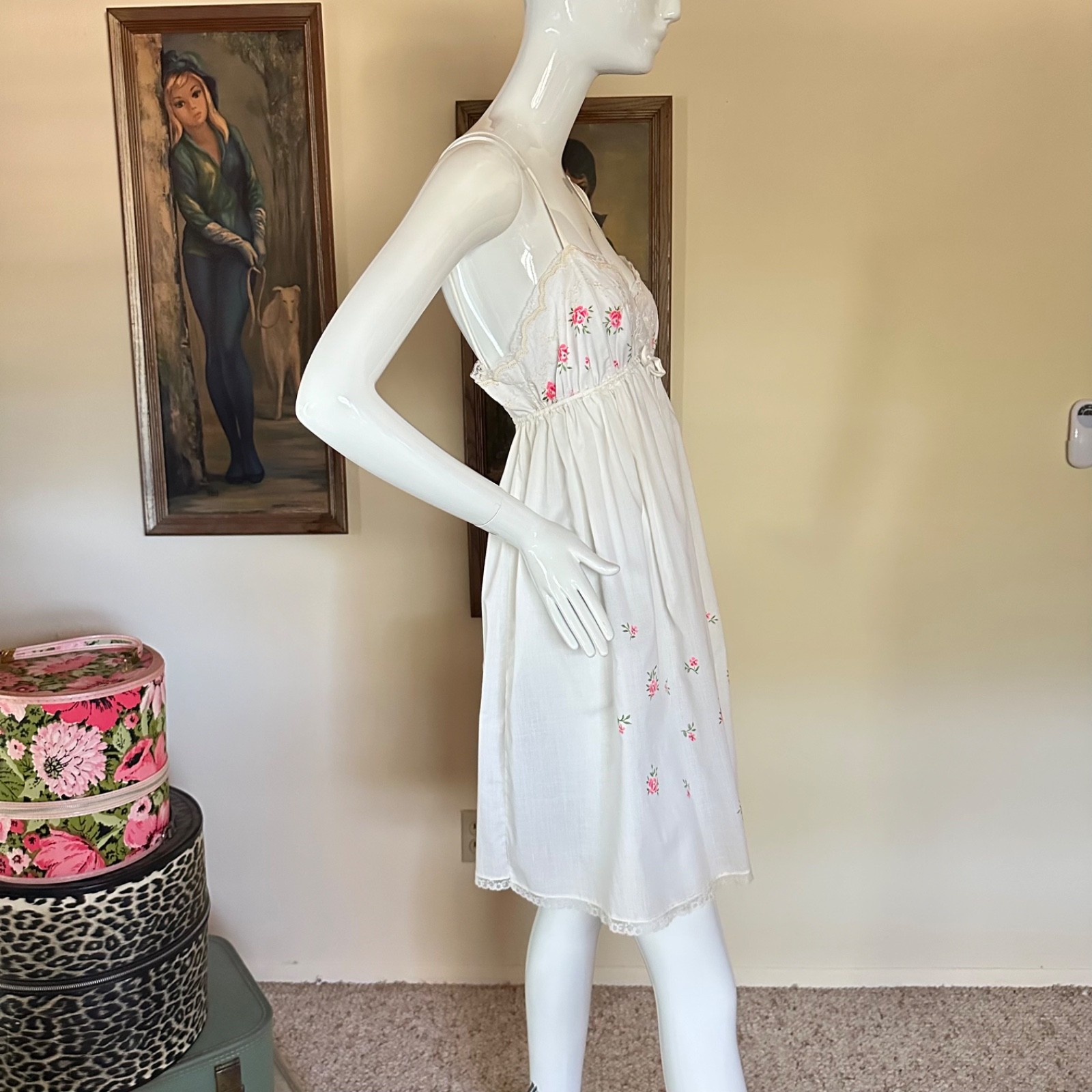 Vintage 1960s Sweet Pink Flowers Babydoll Nightgown & Robe Cotton Pajama Set S