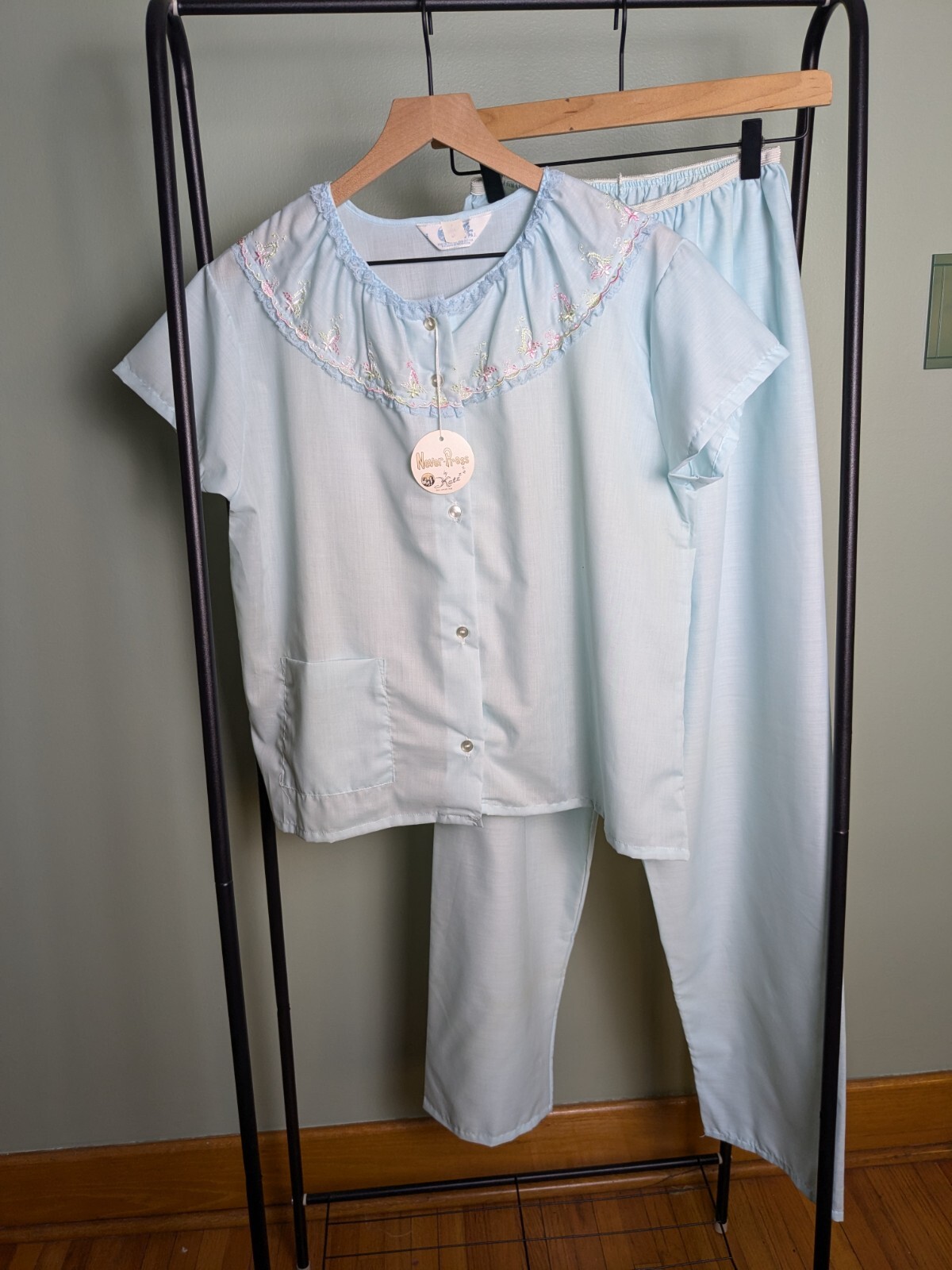 Vintage Deadstock NWT 2 Piece Cotton Pajama Set Embroidered And Lace