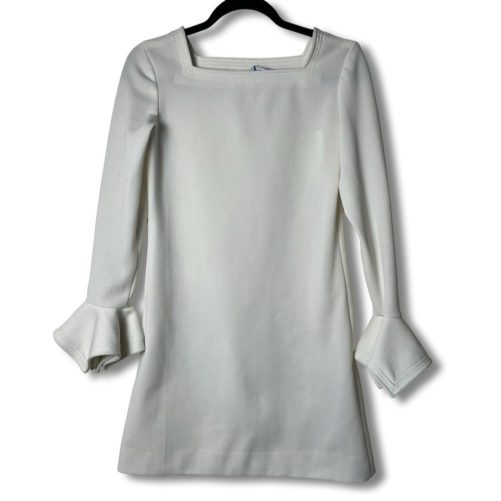 Ulla Vicki Cooper Trevira Mod Mini Dress Bell Cuffs White VTG 60s 70s Sz S