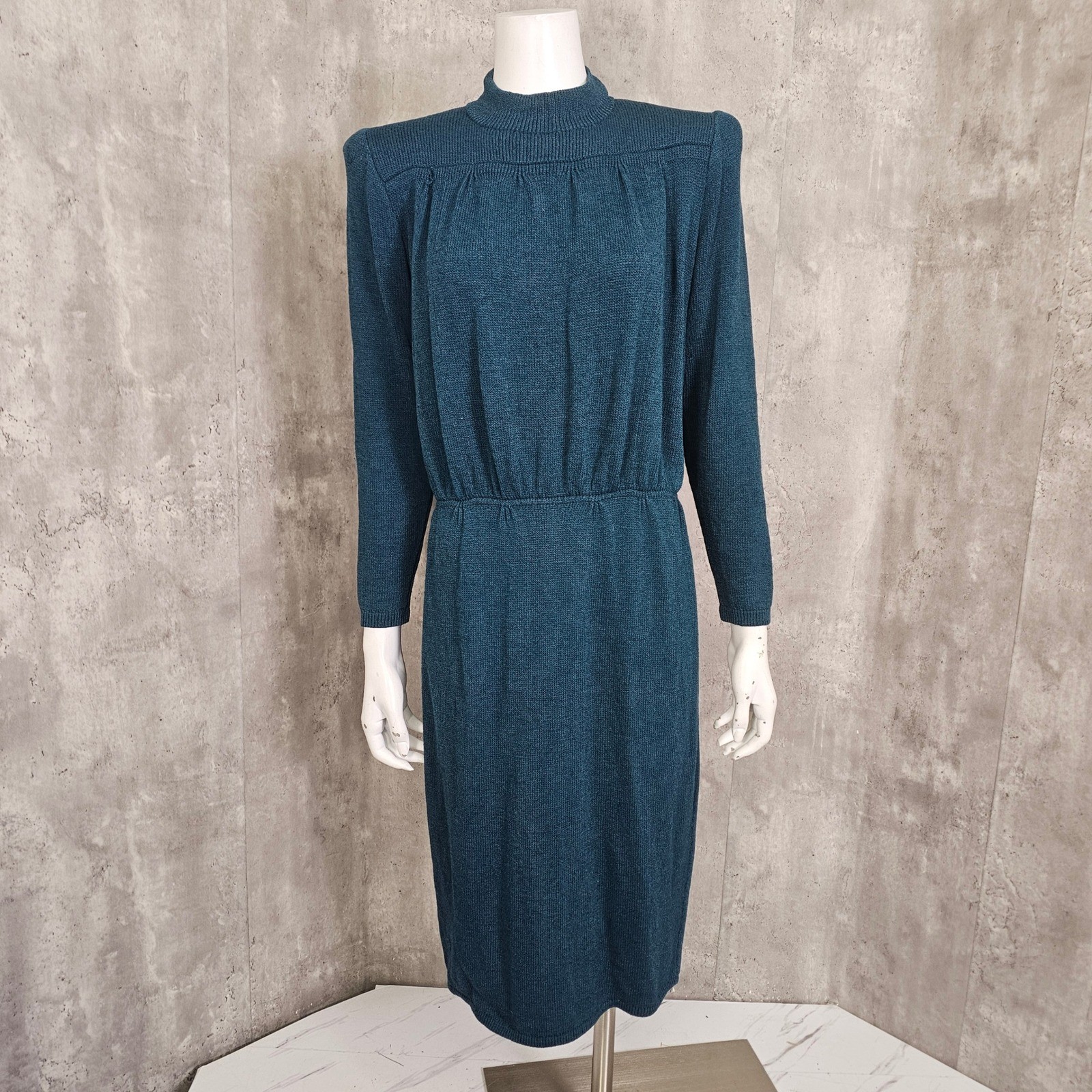 Vintage St John Marie Gray Knit Dress Teal Green Mock Neck 80s 90s FLAWED AS IS