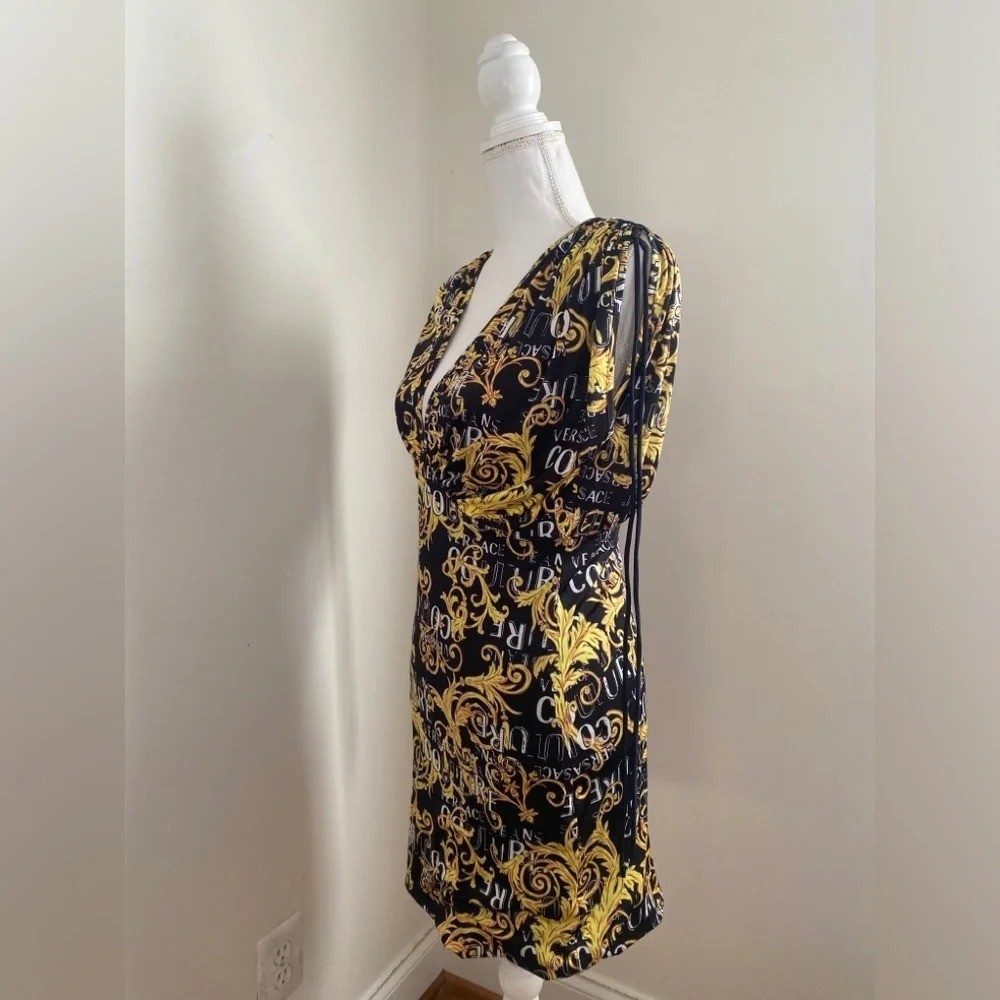 Versace Jeans Couture Logo Print Black and Gold Mini Dress Size 8