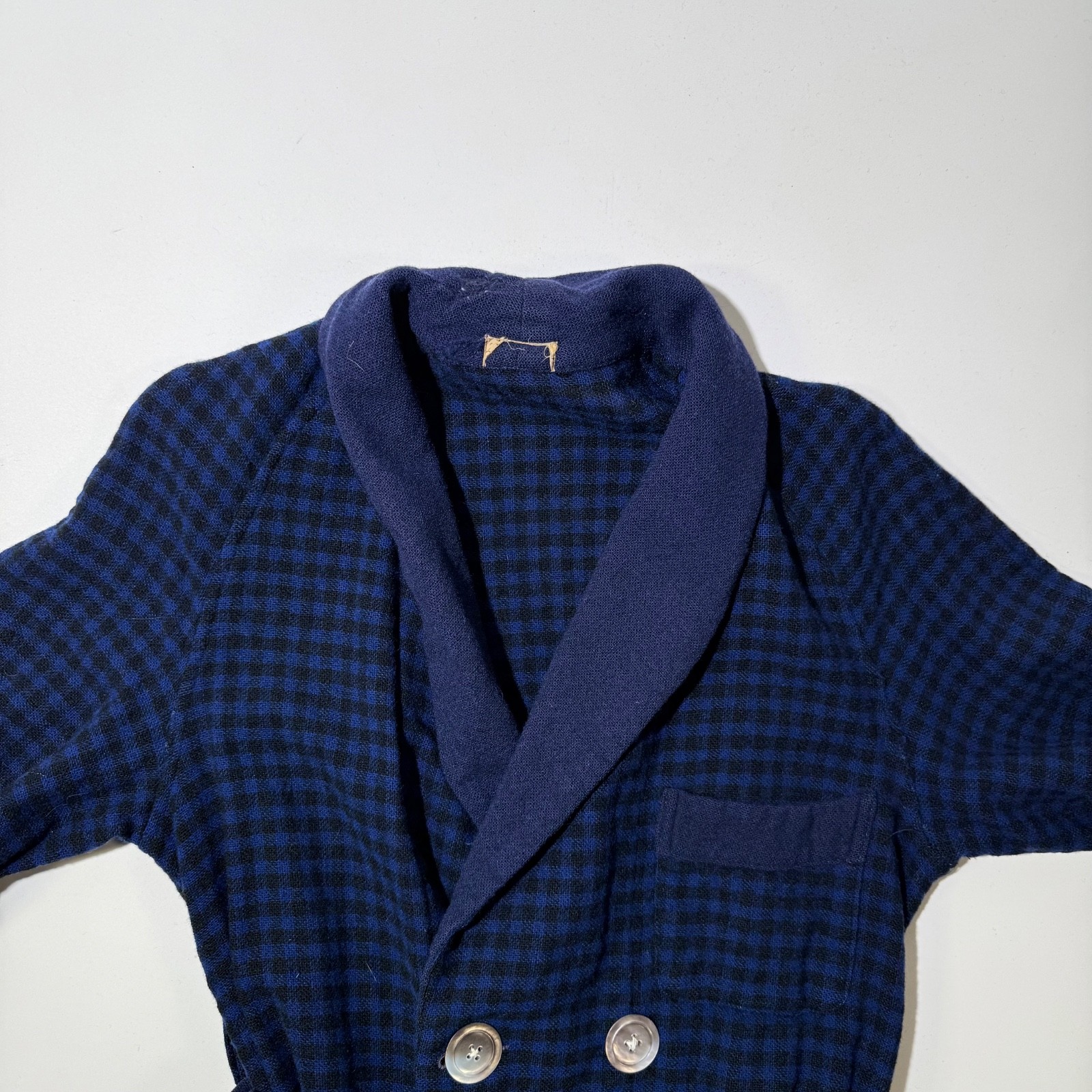 Double-Breasted Navy Blue And Black Gingham Check Wool Robe