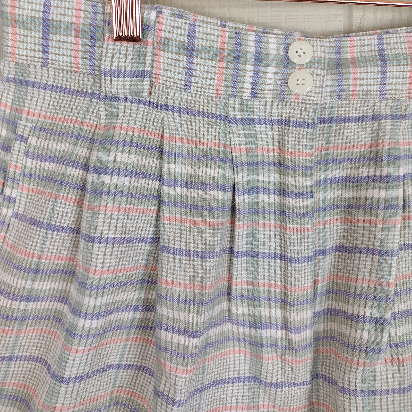 Vintage 90s Carol Horn Shorts Linen Blend Pleated Wide Leg Pastel Plaid 16 Large