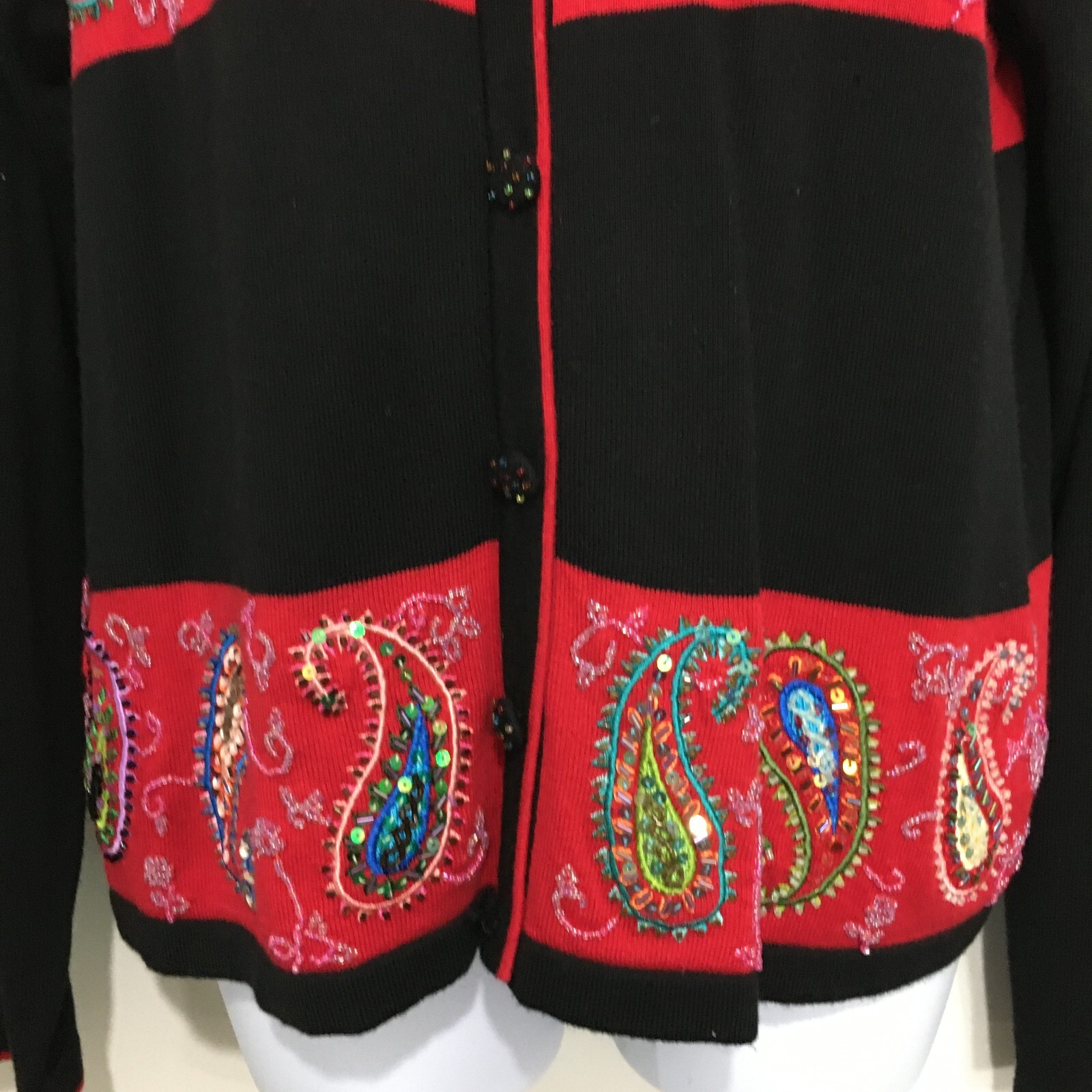 Jack B Quick PL Black Red Paisleys Sequins Beads Cardigan Vintage Button FLAWS