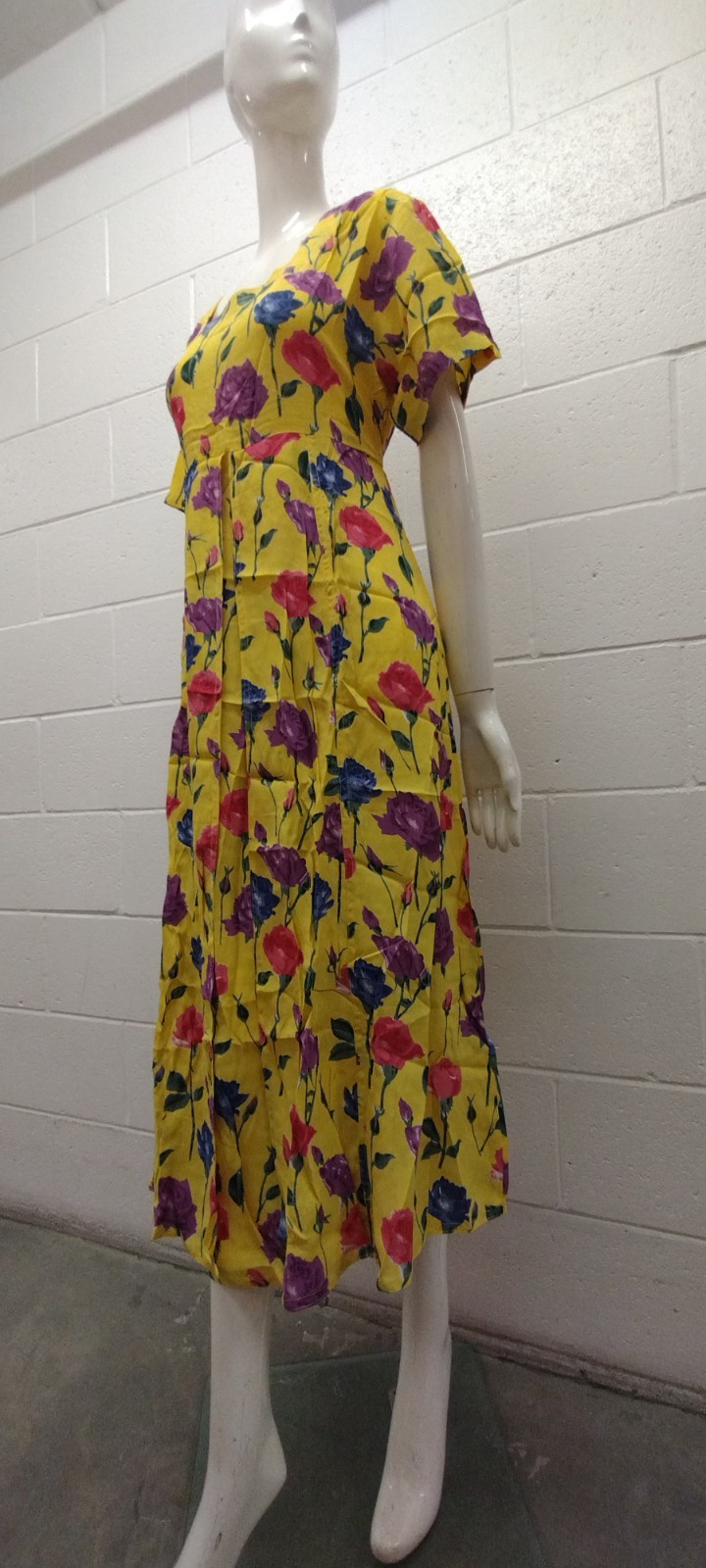 1990s Roses Long Dress Yellow Multicolor Print Purple Rose Country Chic Med New