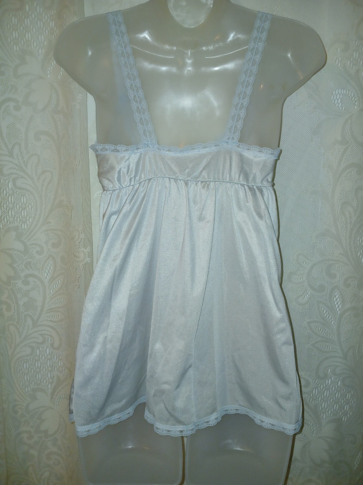 Vintage 70s Blue Sheer Chiffon Nylon Lace Nighty Peignoir Robe Lingerie Set XS
