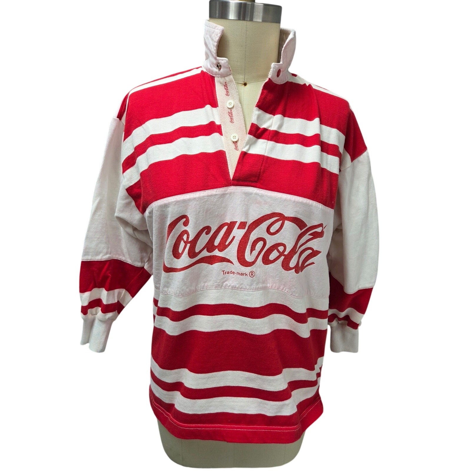 VTG 1986 Coca Cola Rugby Shirt Red White Logo Stripe Preppy M-L