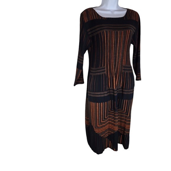 Vtg striped micro pleated long sleeve lagenlook art to wear dress Korea japan