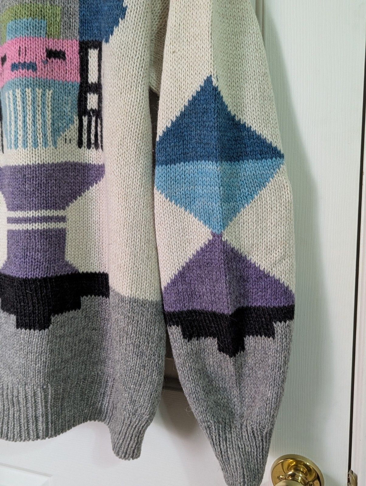 VTG Hand Knit Wool L/S Sweater Womens XL Beige Gray Southwestern Aztec Kachina