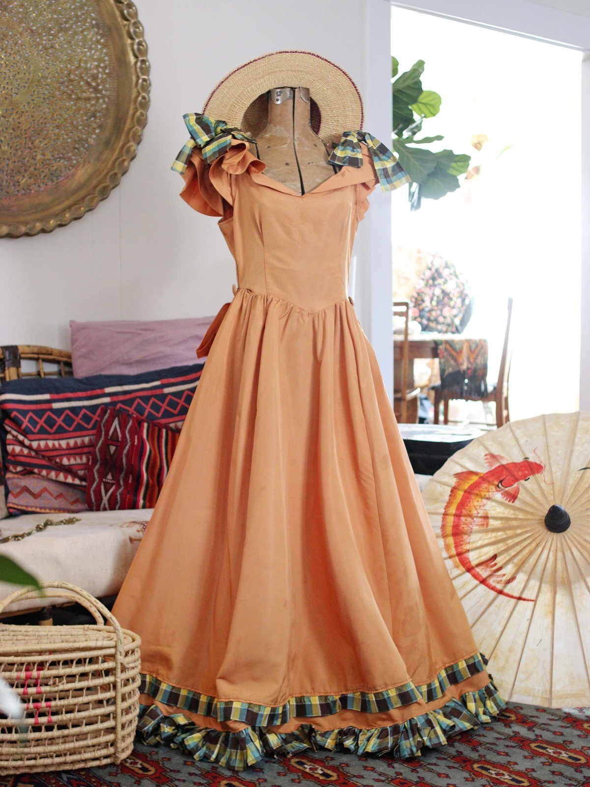 VTG 40s Southern Bell Maxi Gown Dress Ruffle Shoulders Bustle Back Gold Apricot