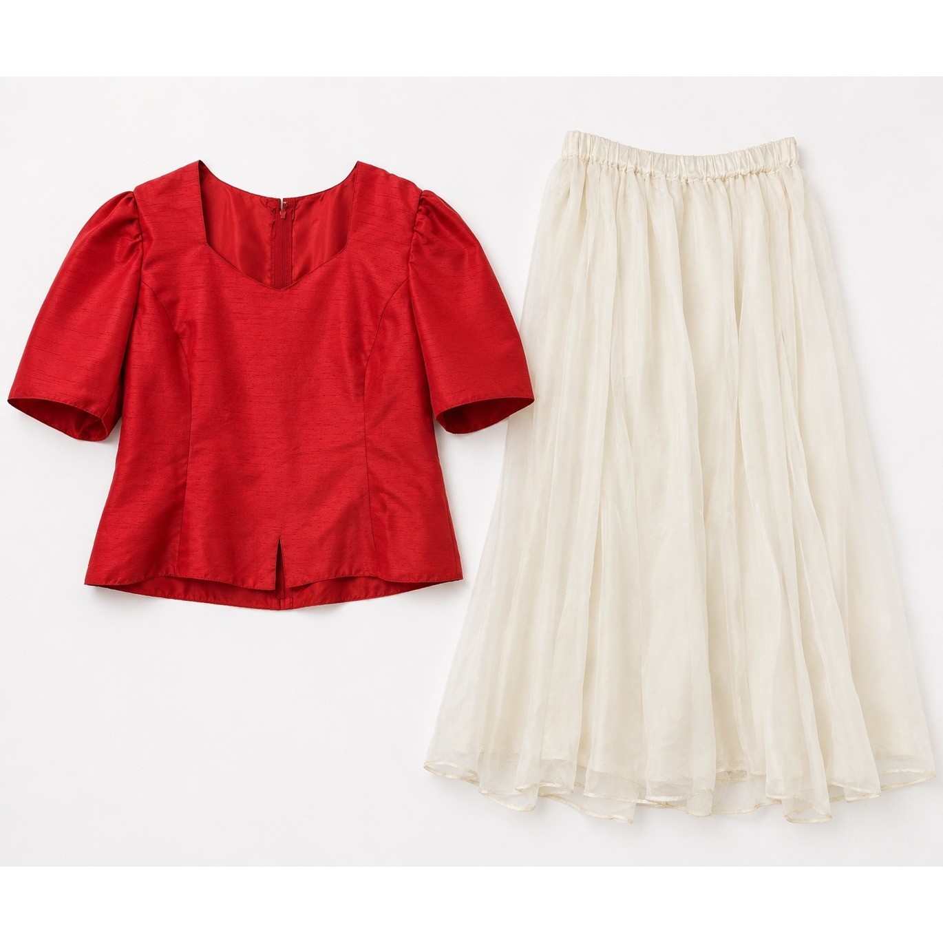 Vintage Red Taffeta Puff Sleeve Top and White Satin Maxi Skirt Set Made USA 1X