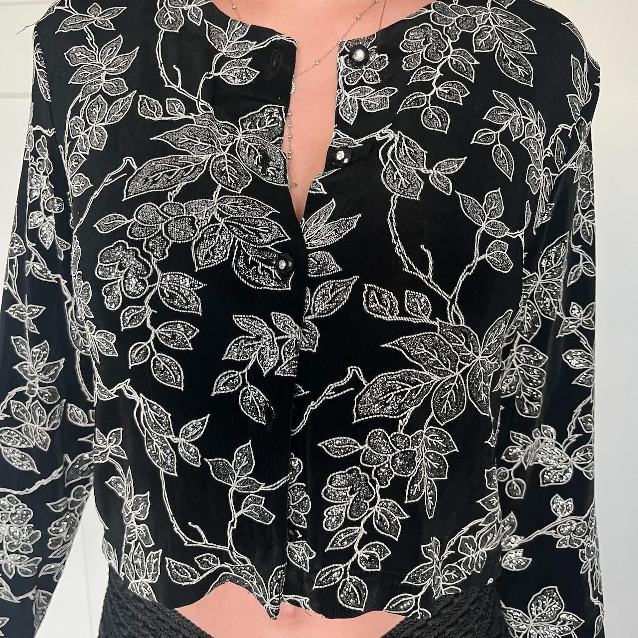 Vintage 90s Ronni Nicole Cardigan Womens Size 8 Black Silver Floral Patterned