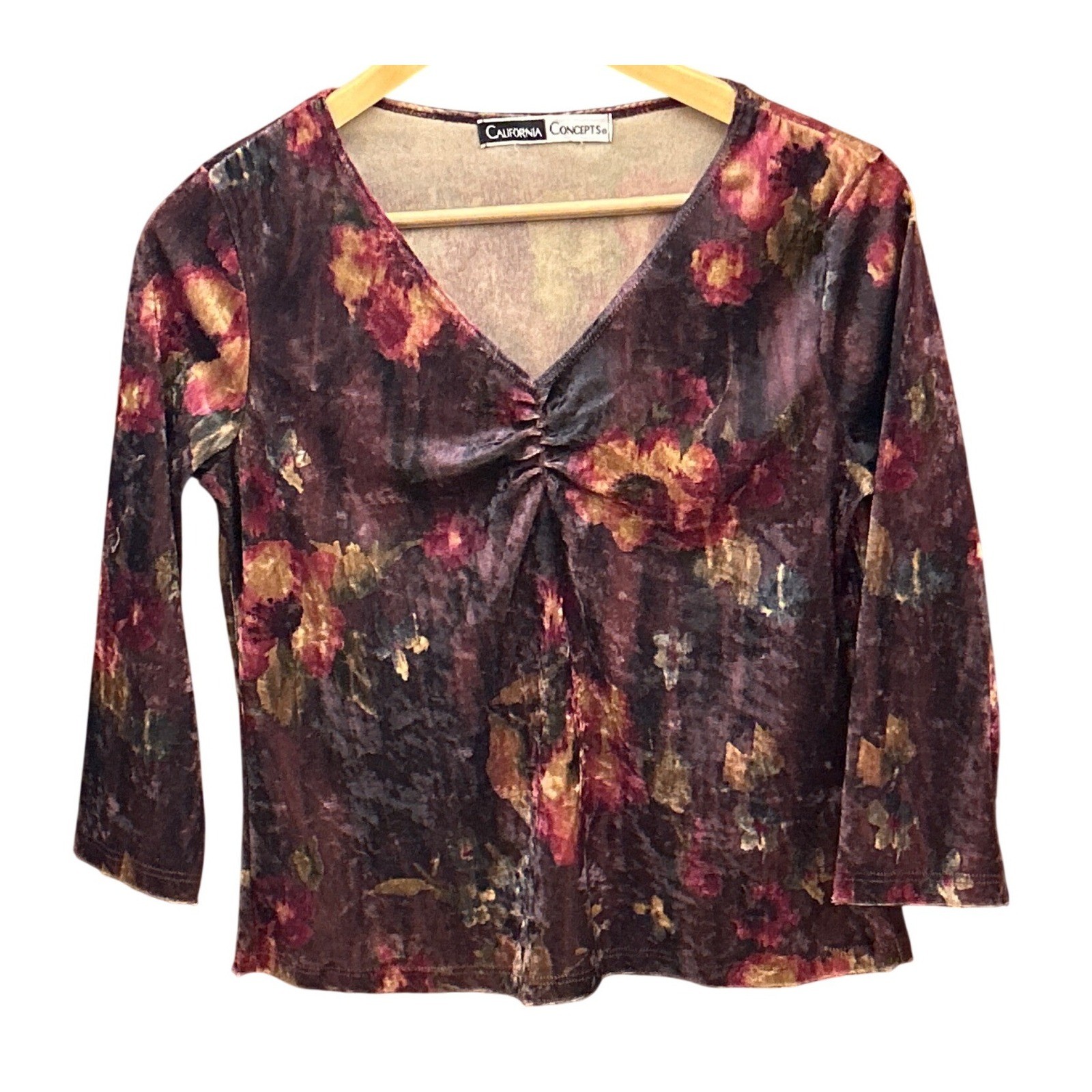 Vintage 90s Boho California Concepts Floral Velvet Top Whimsigoth Grunge Fashion