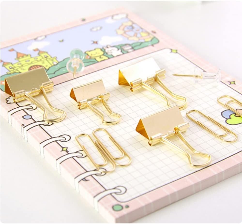 10 Pack Gold Paper Clips Binder Clips Set Metal Assorted Sizes Push Pins