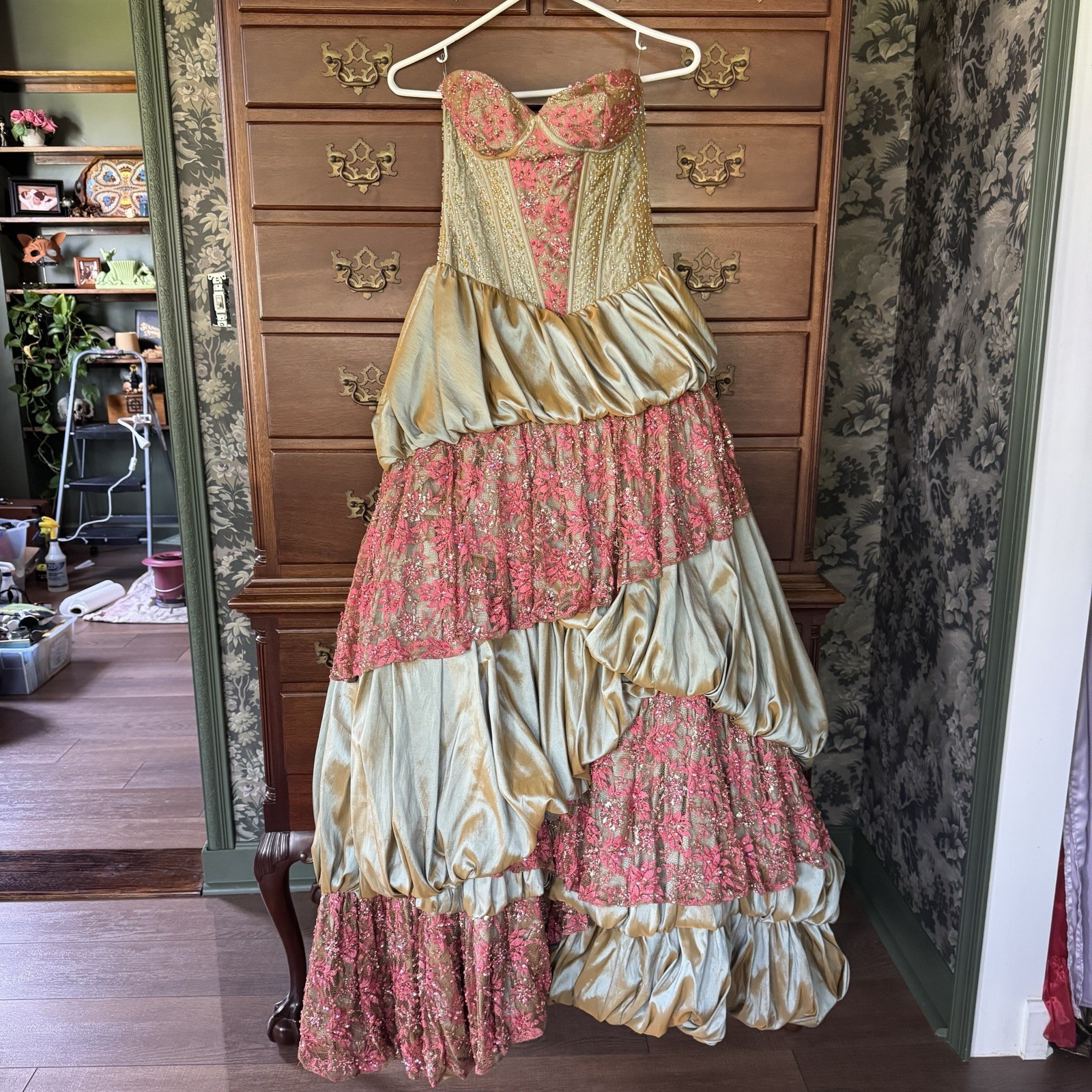 Vintage Party Time Gown With Beaded Strapless Bodice And Lace Size 2