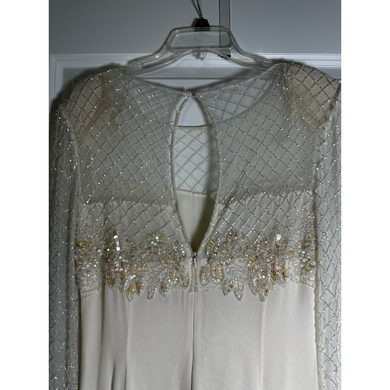 Jovani Vintage Pure Silk Beaded Sequin Long Sleeve Evening Gown Ivory Size 8