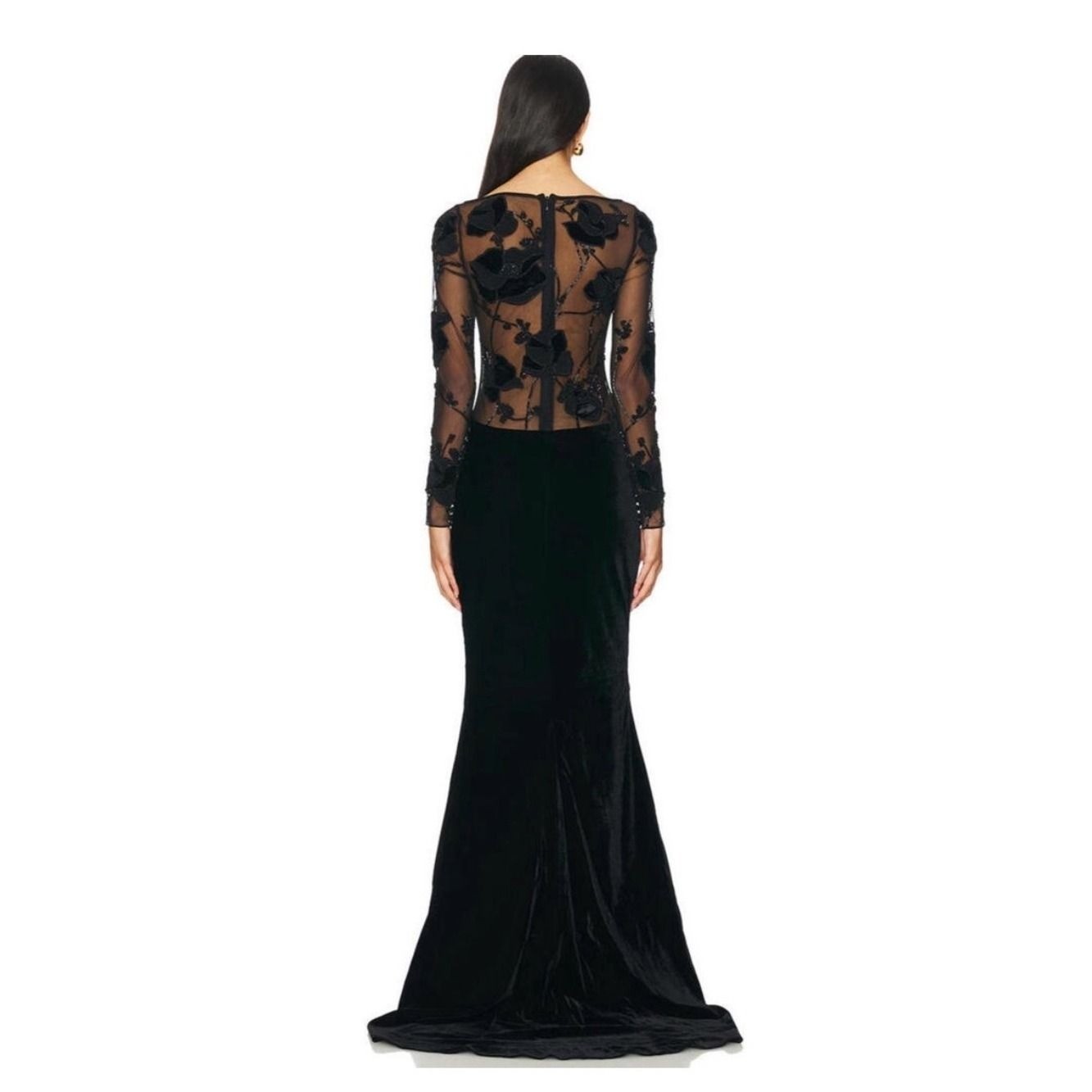 Retrofete Black Sheer Floral-Appliqué Velvet Gown NWOT Small Retail $1998
