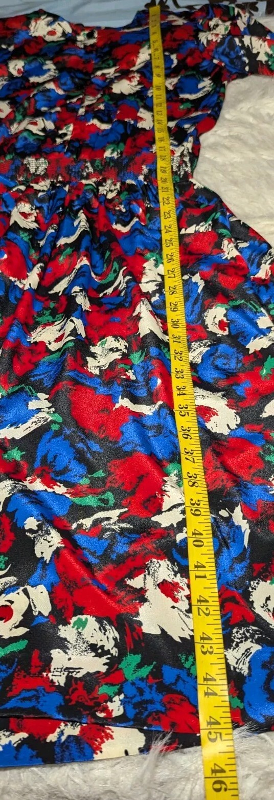 VTG MARCHIONDA OF CALIFORNIA Red White Blue Green SHIFT Dress PUFF Sleeve Sz 10