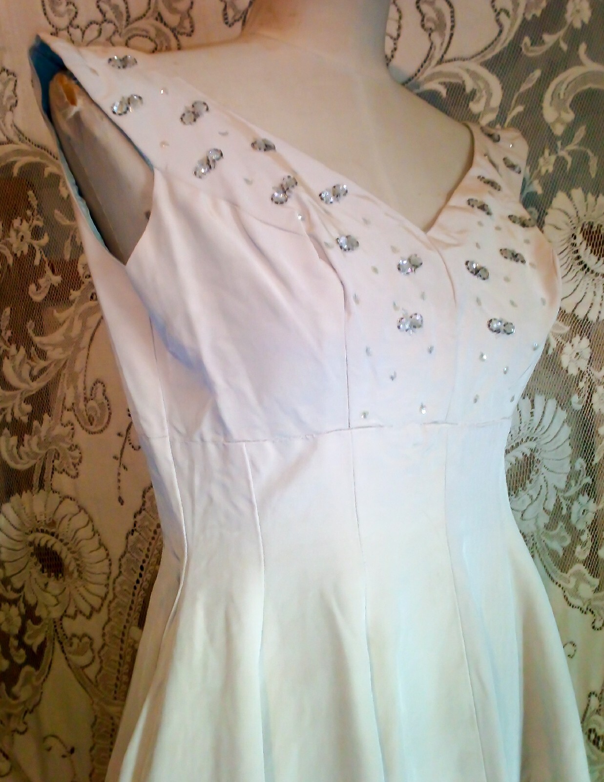 VTG 1950s Cocktail Dress Faille Fit To Flair w/ Full Circle Skirt Beaded Top XXS