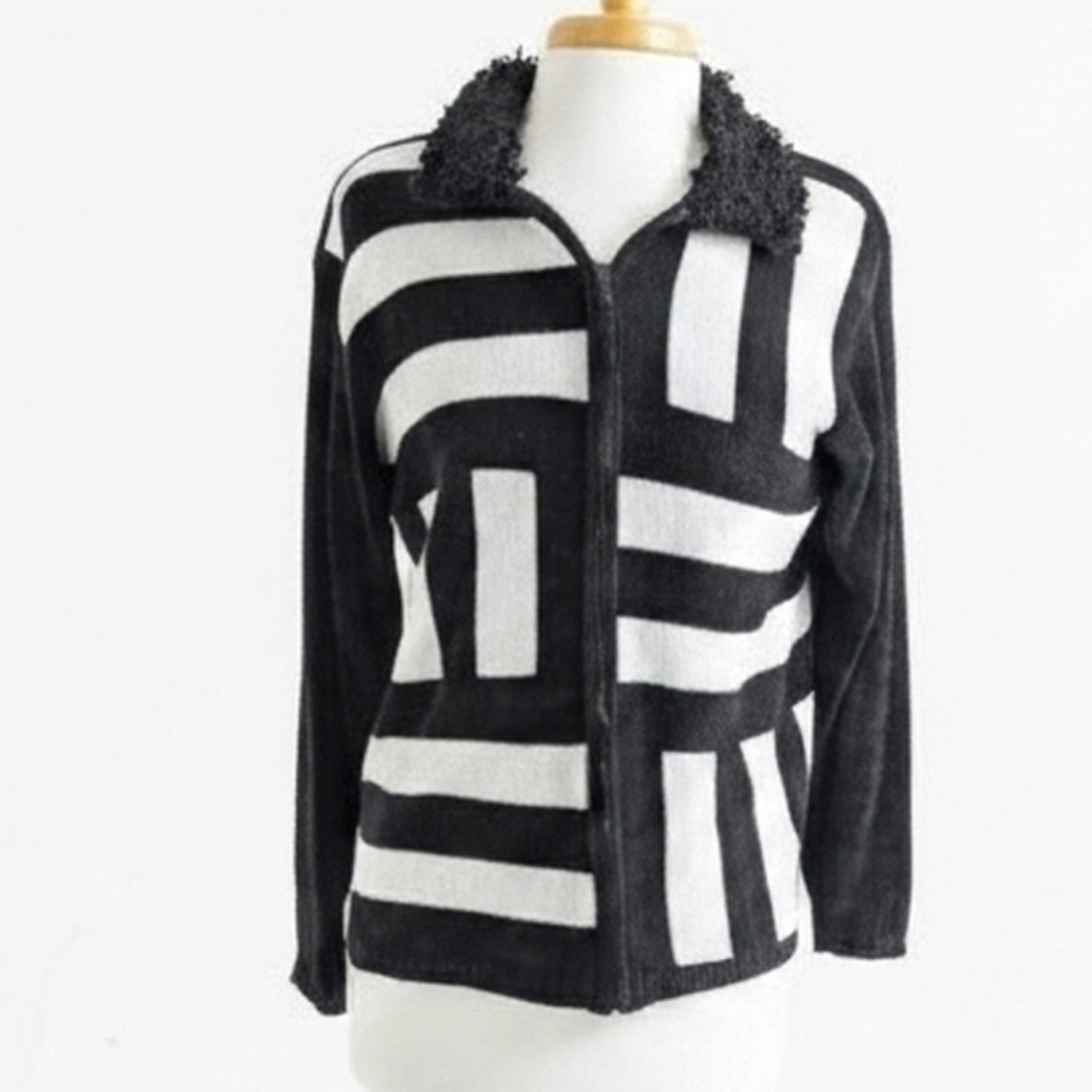 Vintage 1990s Eminent Chenille Cardigan Jacket Black White Geometric Zip Up