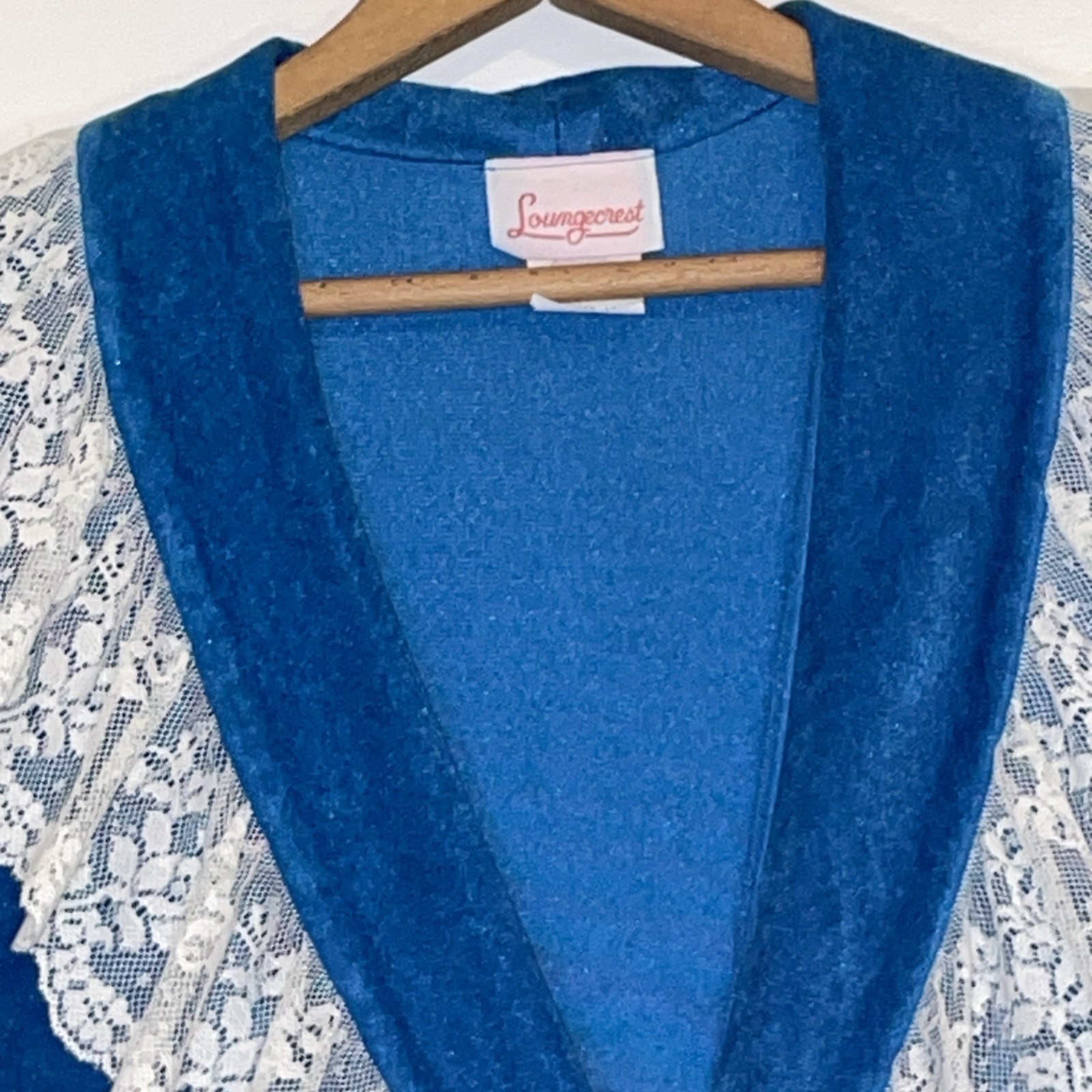 Vintage Teal Velvet Long Housecoat Lace Trim Grandma Granny Nostalgia M 12-14