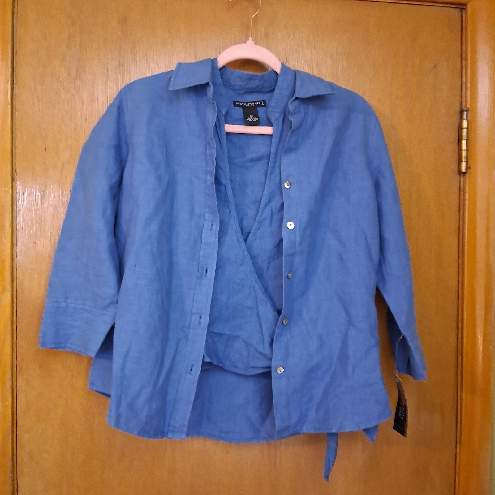 Vintage 2Pc 100% Linen Wrap Top Cardigan Set NWT Blue 8P European Summer Coastal