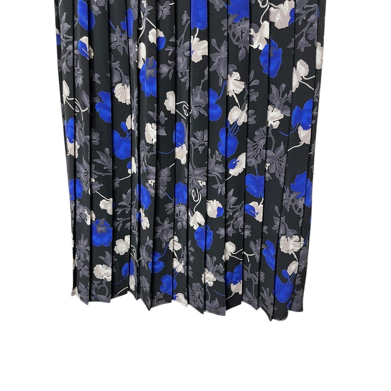TanJay Black Blue Floral Print Pleated Vintage Midi Skirt Made In Canada Size 12
