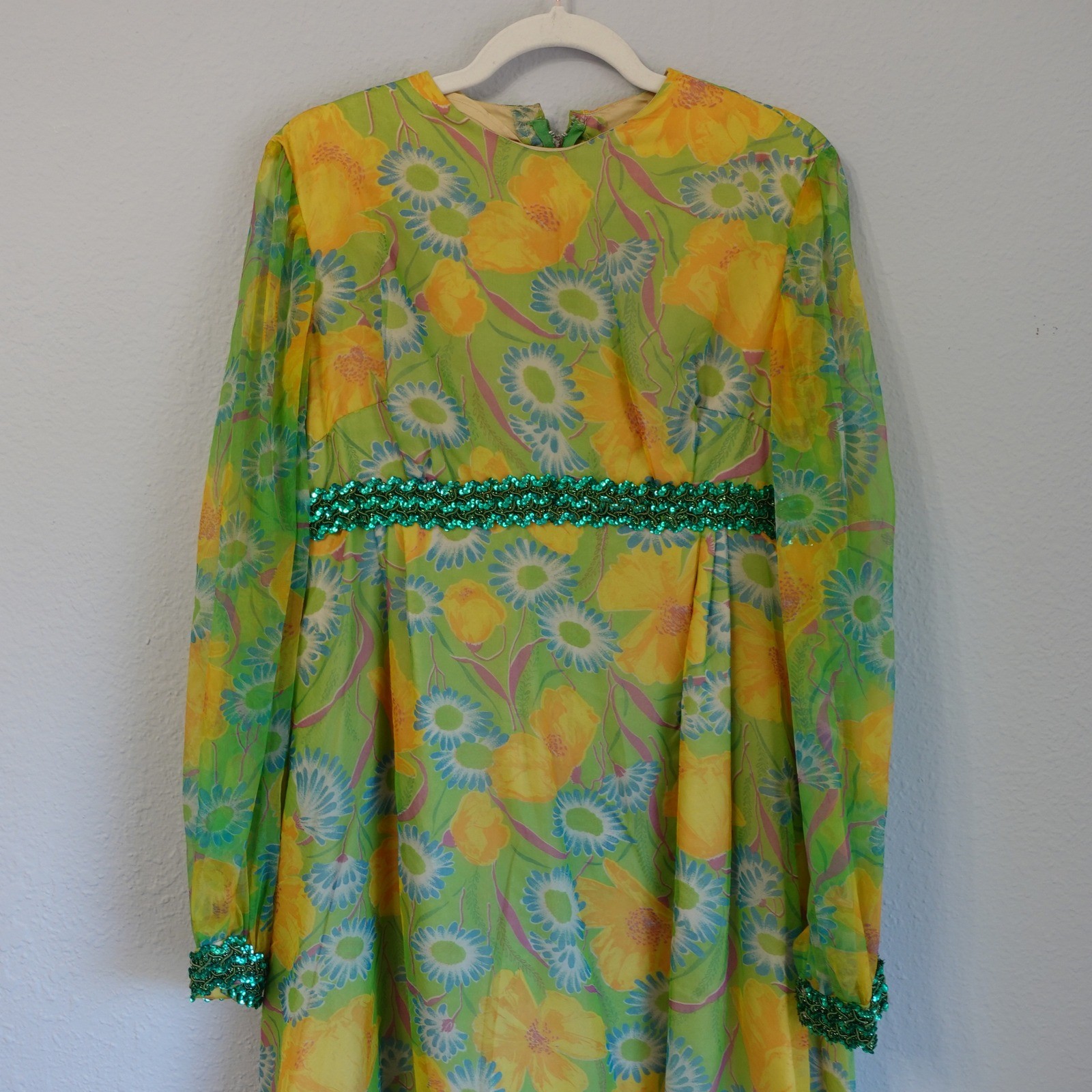 Vintage Boho Hippie Handmade Floral Maxi Dress Green Yellow Sequin 60s 70s Large