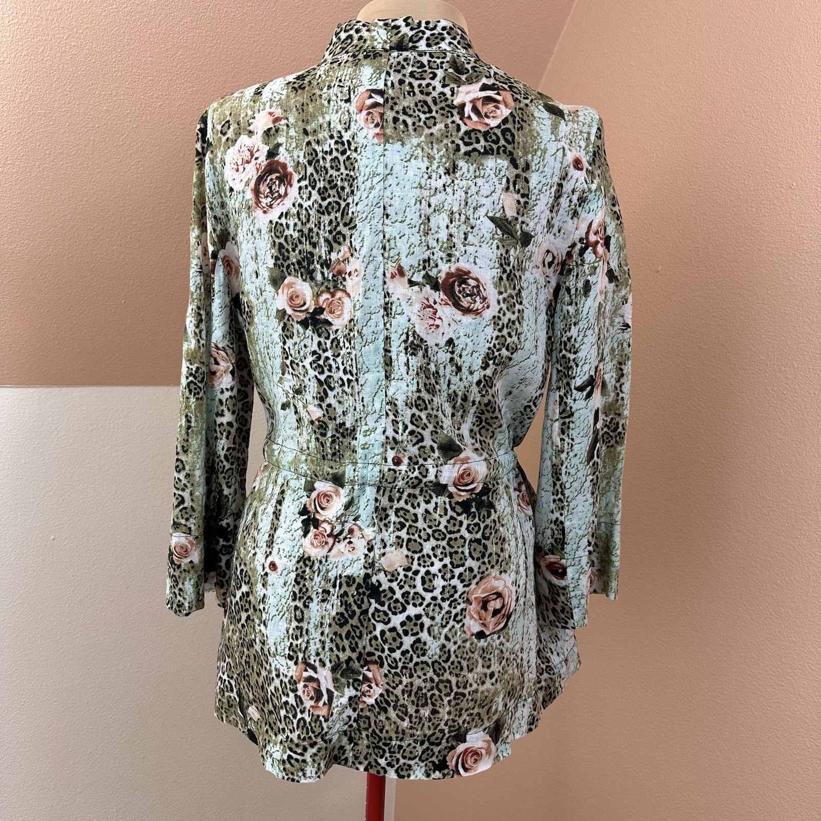 VTG Alberto Makali Linen Jacket XL Art To Wear Leopard Floral Belted Made in USA