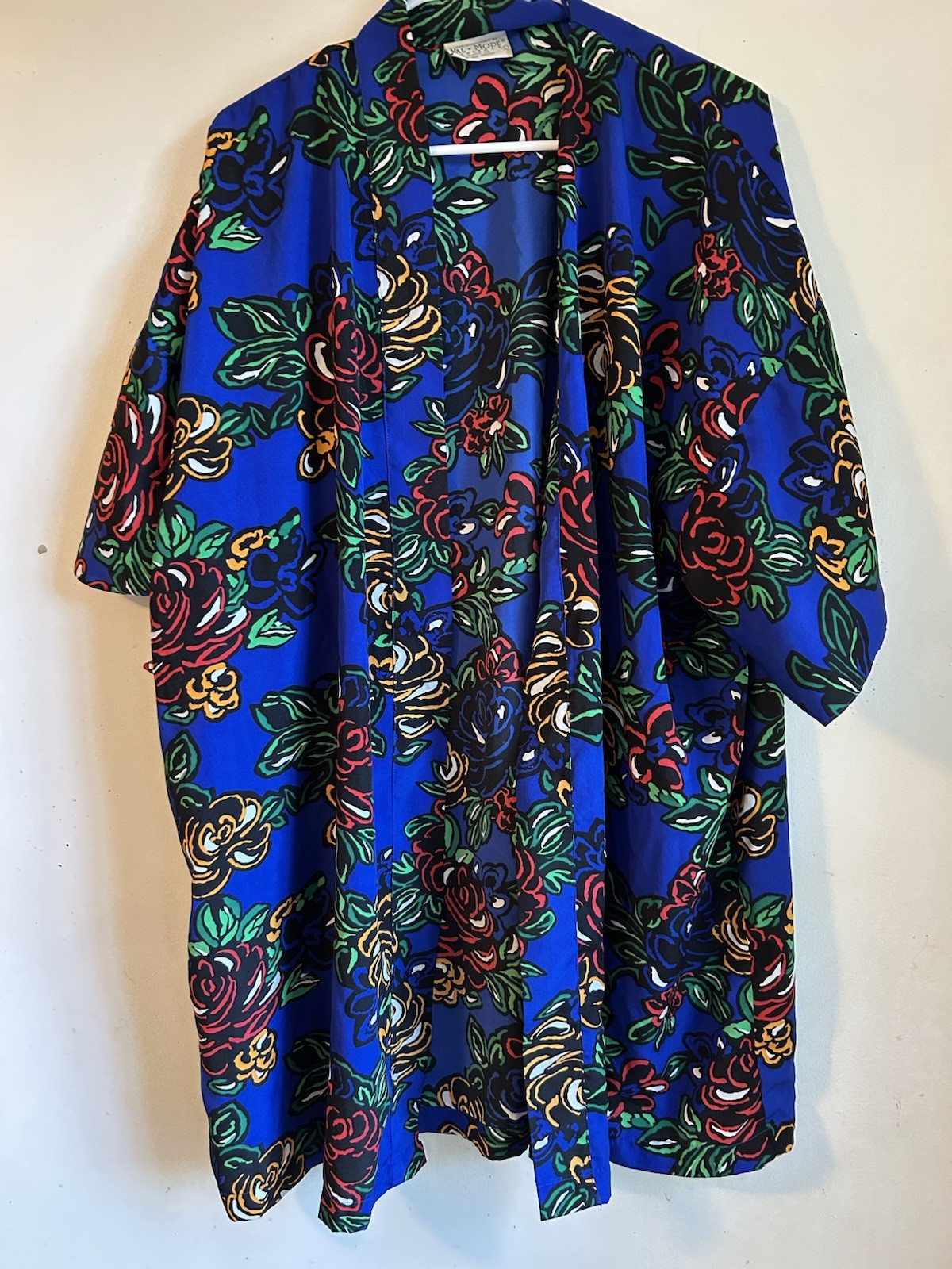 Vintage Val-Mode Lingerie Short Robe Size L Blue Multi-Color Floral USA No Belt