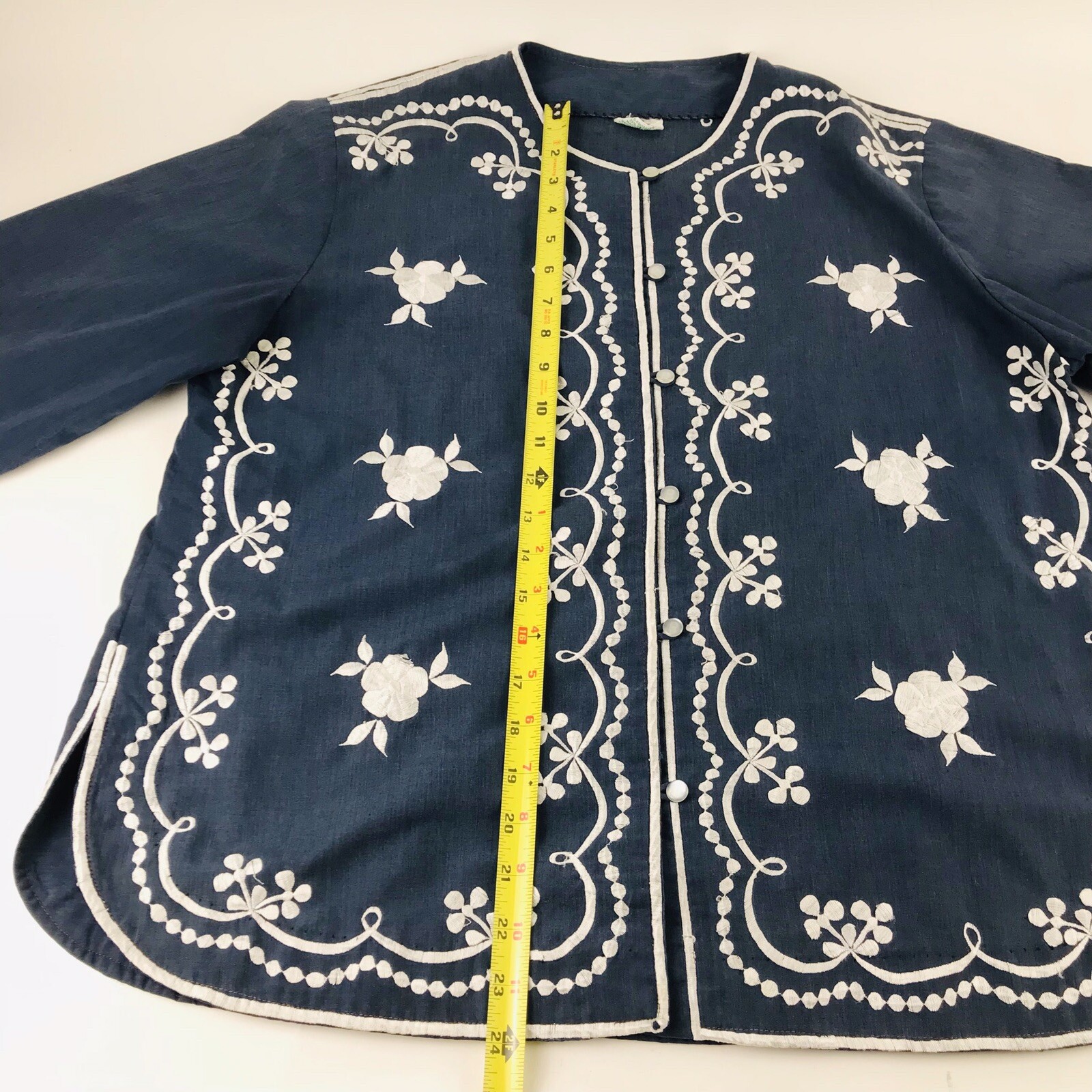 Sz 12 Vtg Caro Of Honolulu Mandarin Collar Loop Button Up Embroidered Blue Tunic