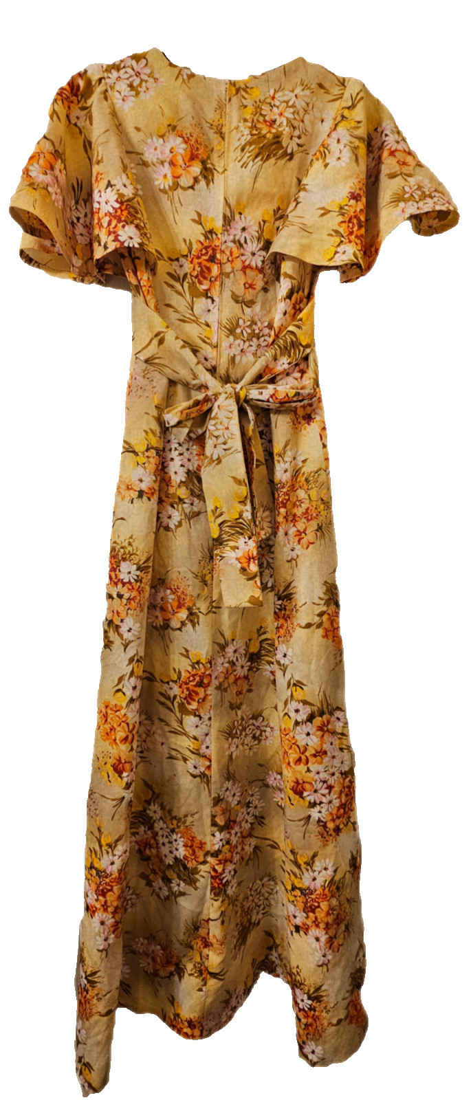 Vintage floral 1970s tan with orange and white flowersmaxi dress size small