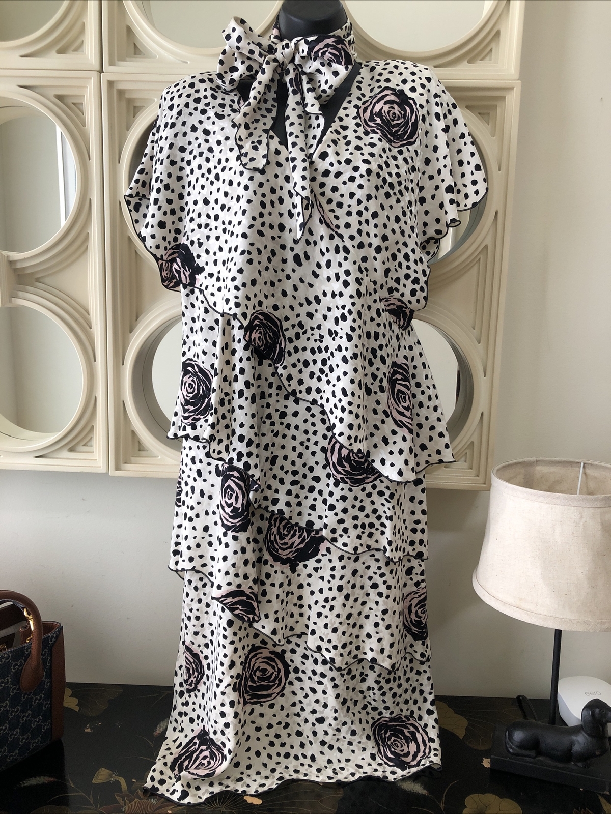 Holly Harp vintage 80s tiered floral & polk dot dress with pussy bow neck sash S