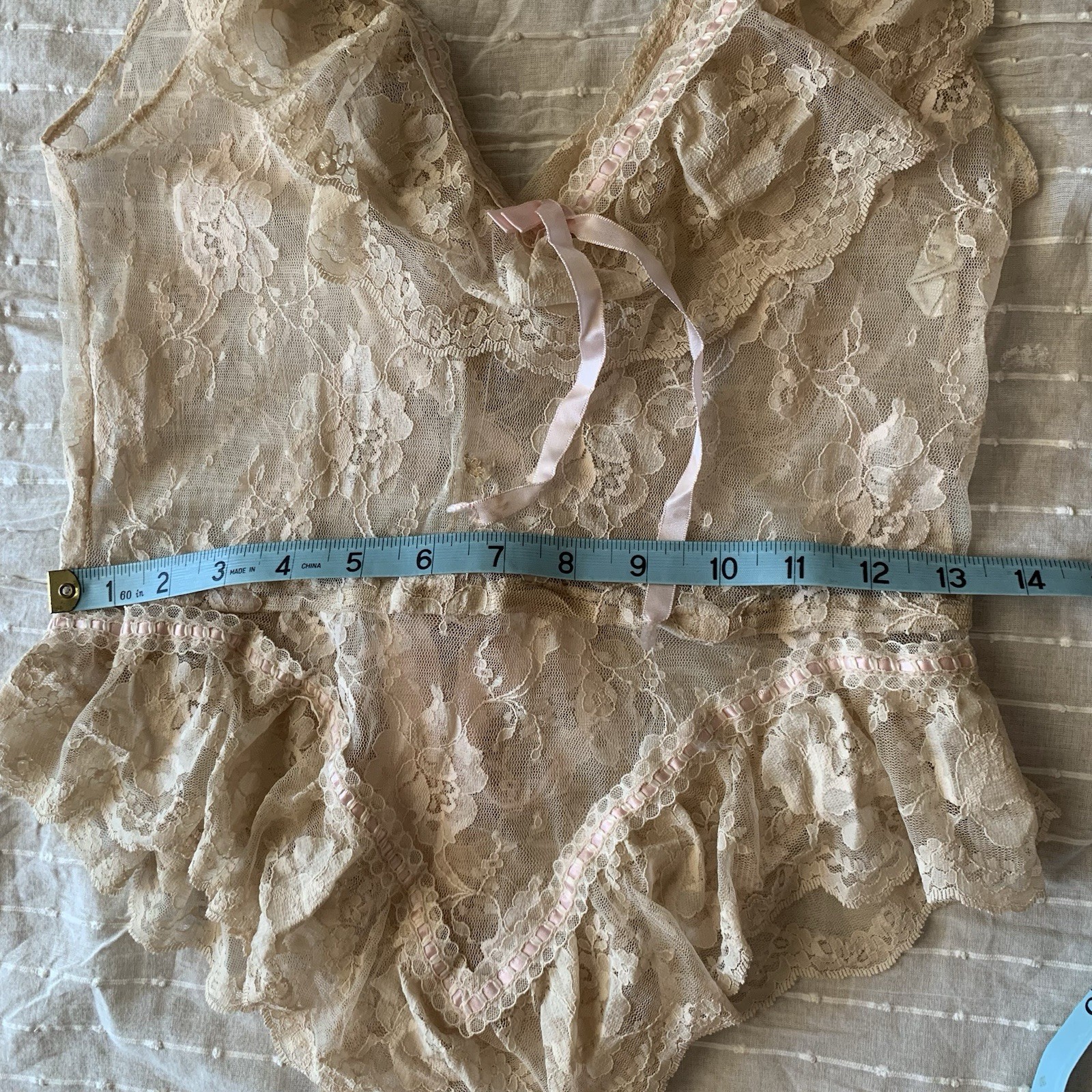 Vintage 70s 80s Designer Emil Bole Tan Beige nude Floral Lace Teddy W Ribbons