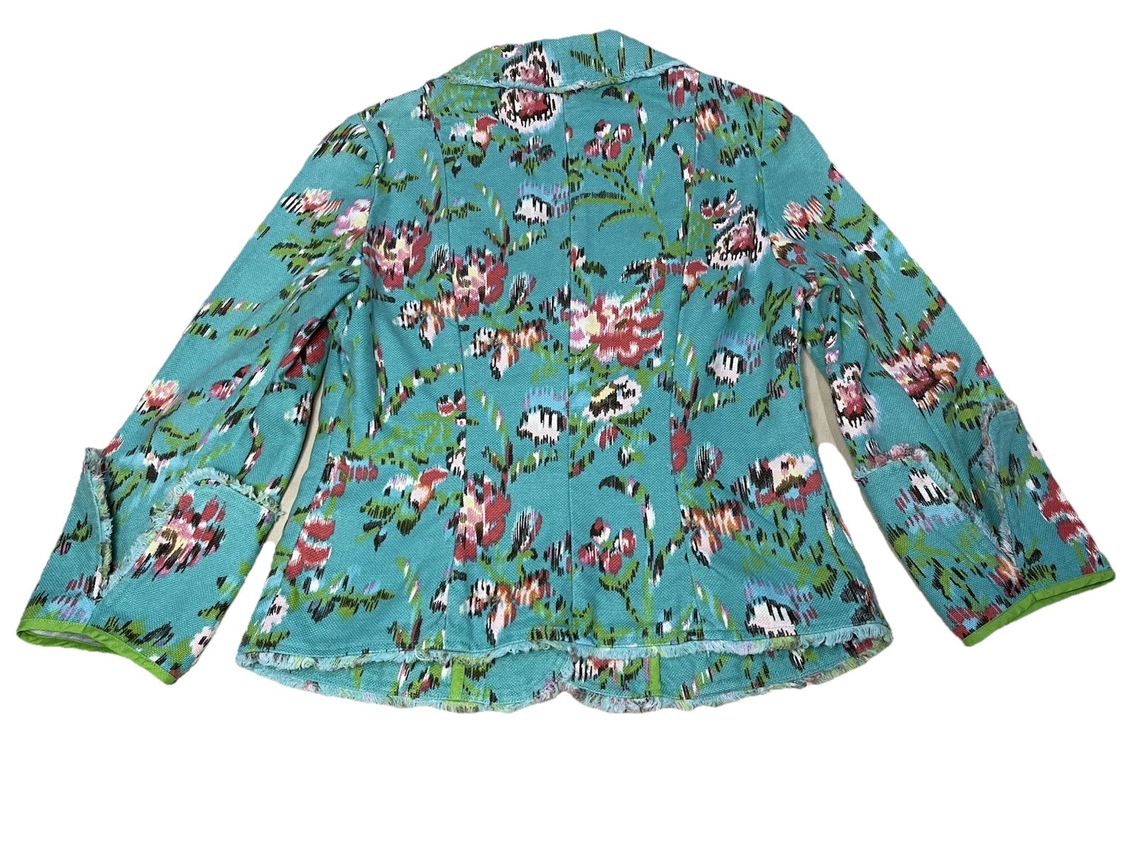 Harolds S~2 Jacket Green Floral BOHO Hippie Button Front Linen Blend Pink Flower
